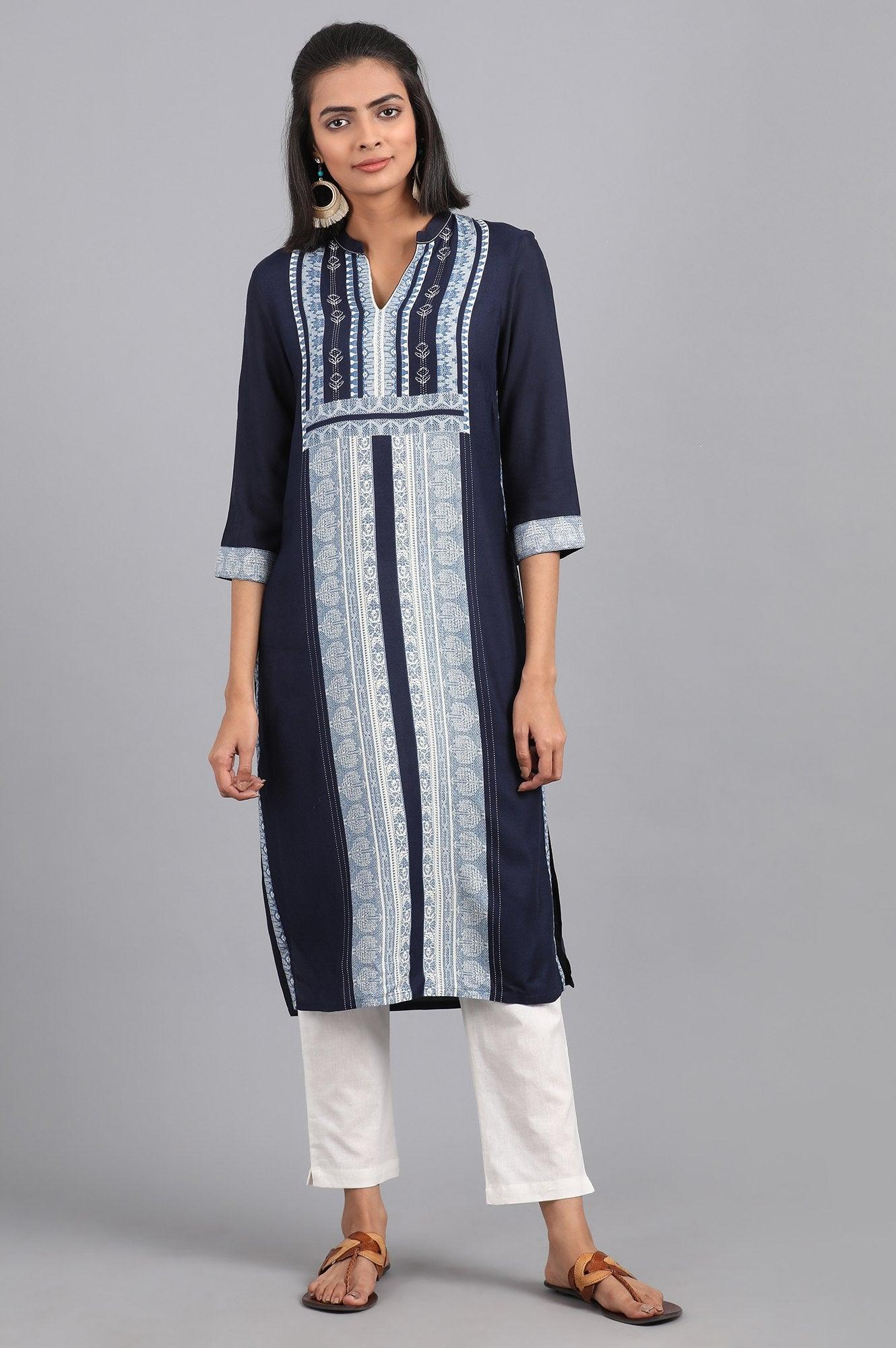 Blue Fusion Booti Geometric Print kurta in Mandarin Neck with Embroidery - Image 2