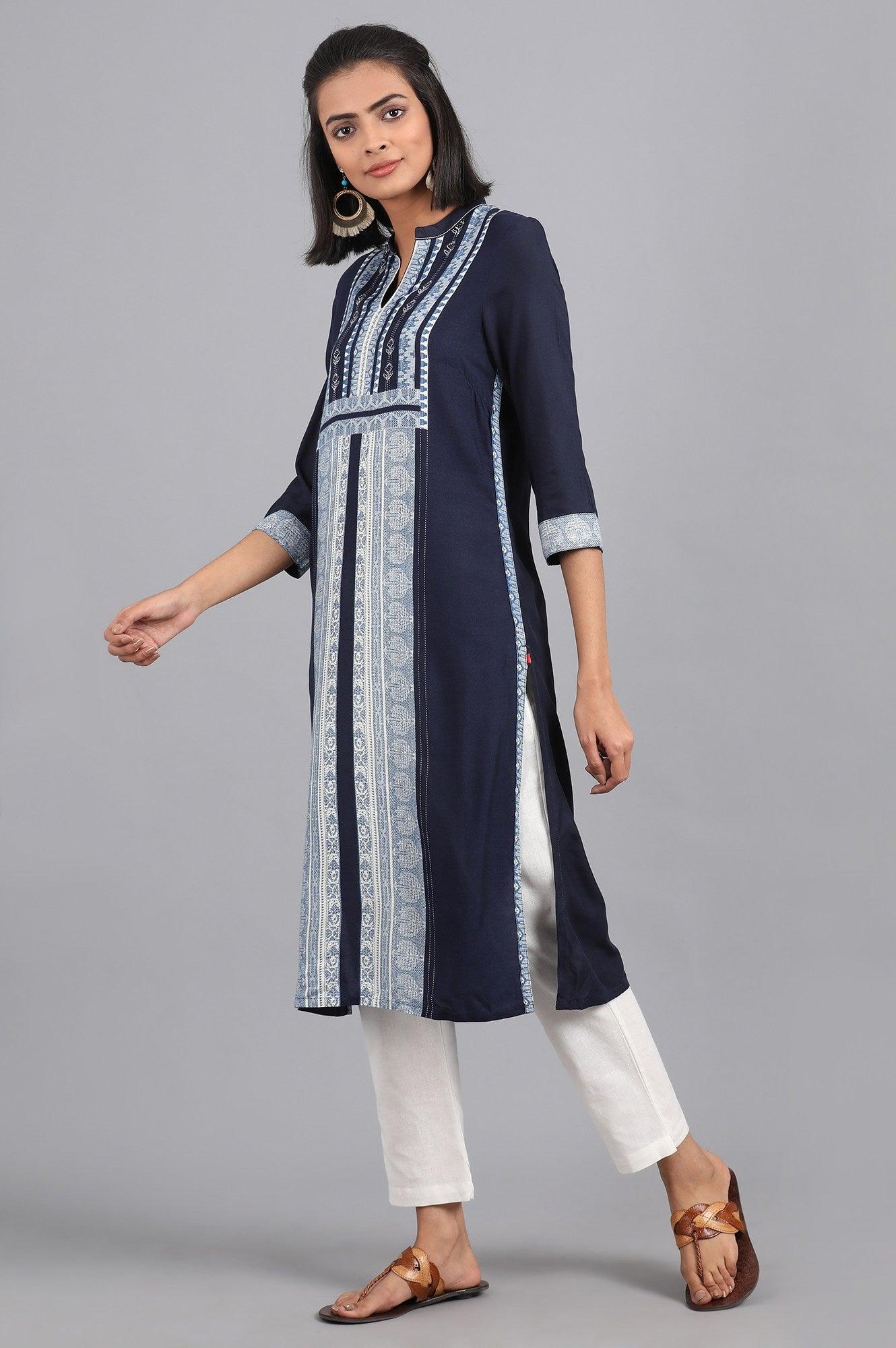Blue Fusion Booti Geometric Print kurta in Mandarin Neck with Embroidery - Image 3