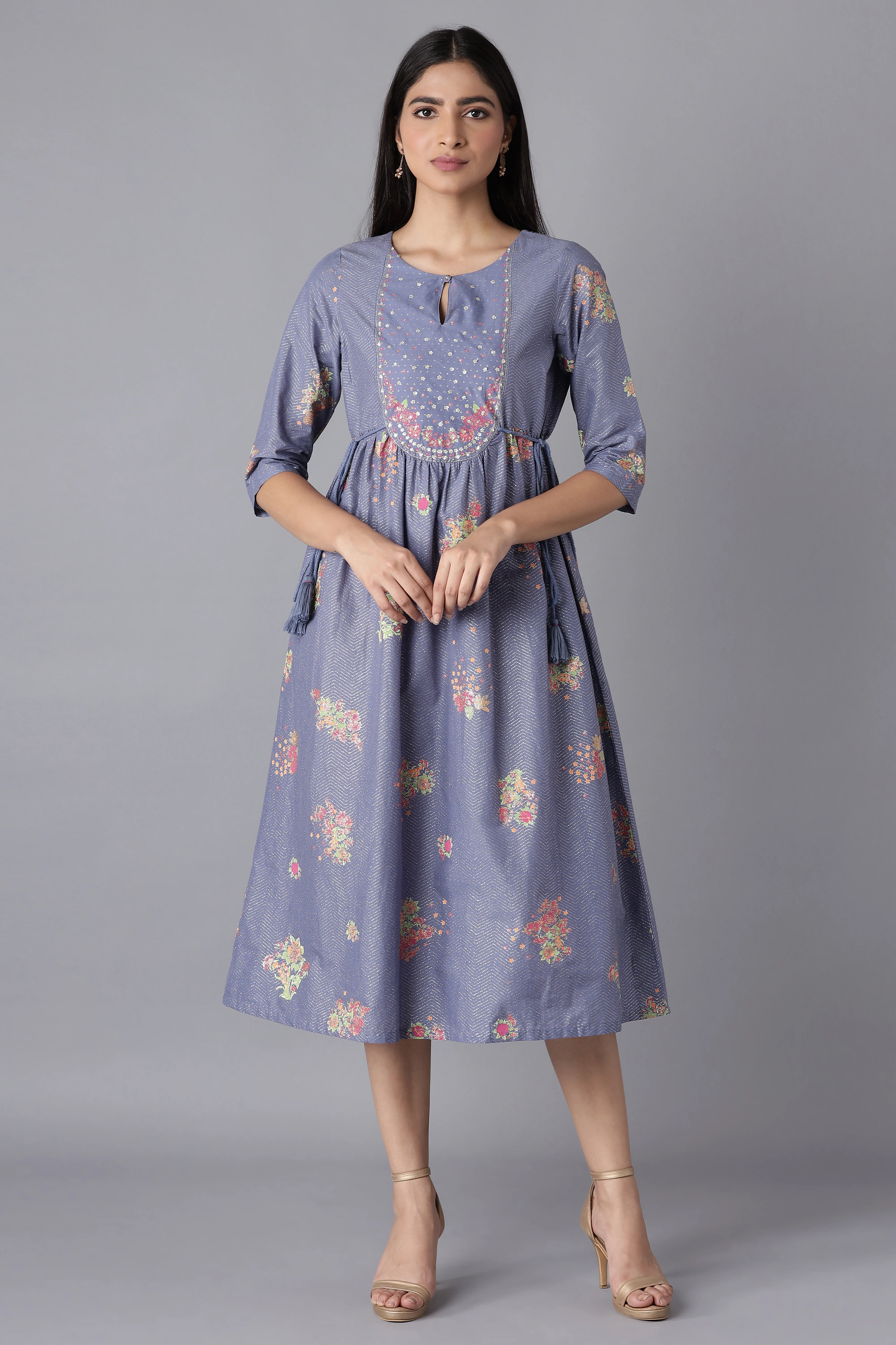 Blue Glitter Printed Midi Dress