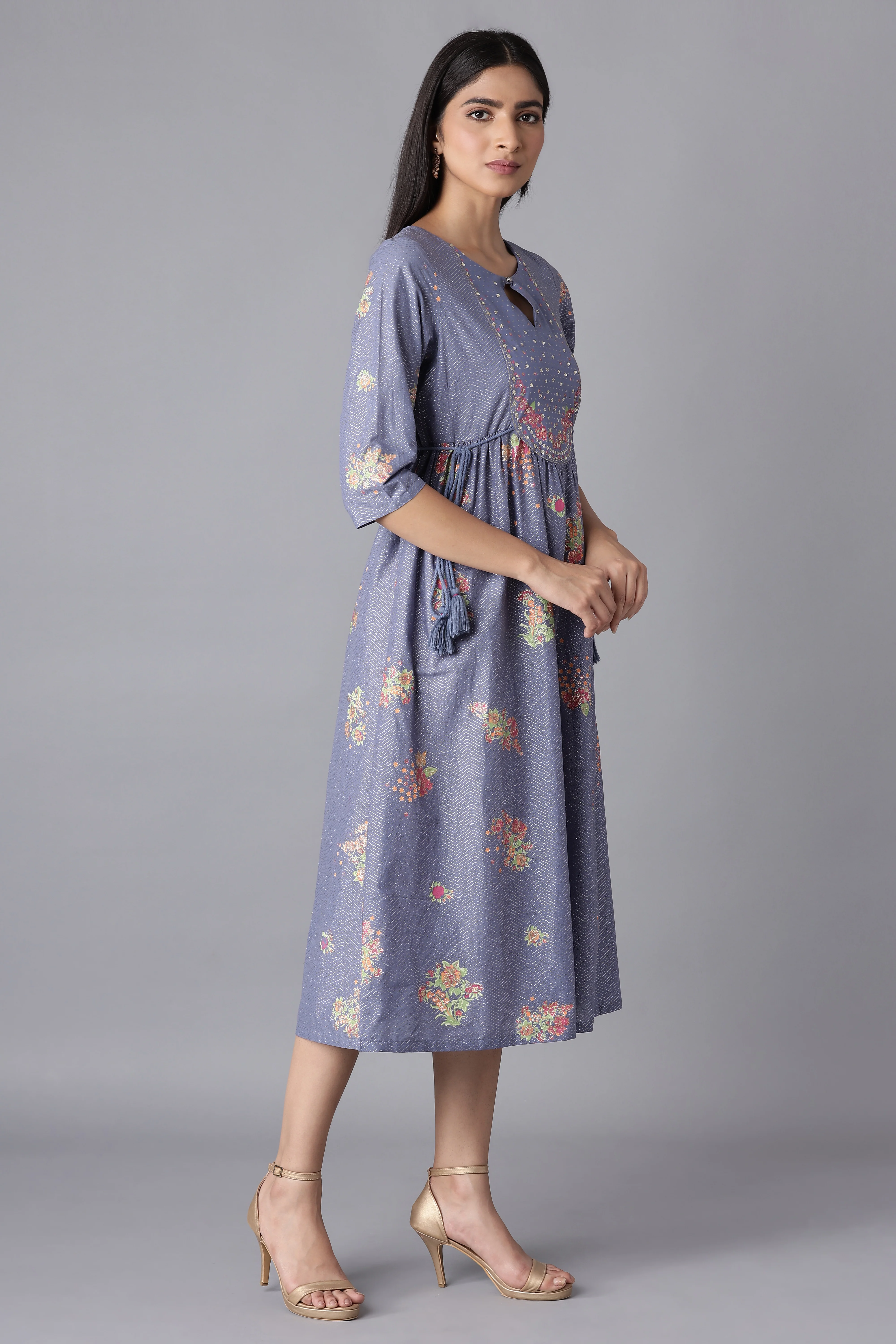 Blue Glitter Printed Midi Dress - Image 4
