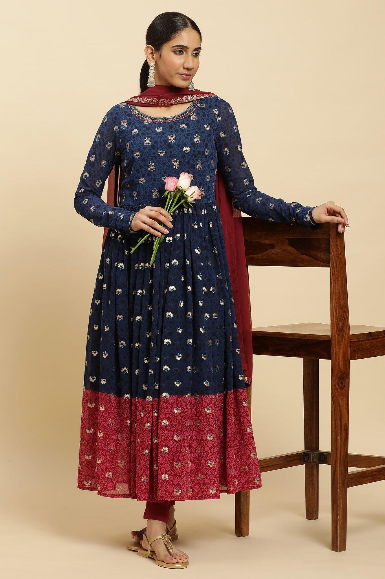 Blue Embroidered Kurta, Tights and Dupatta Festive Set - Image 2