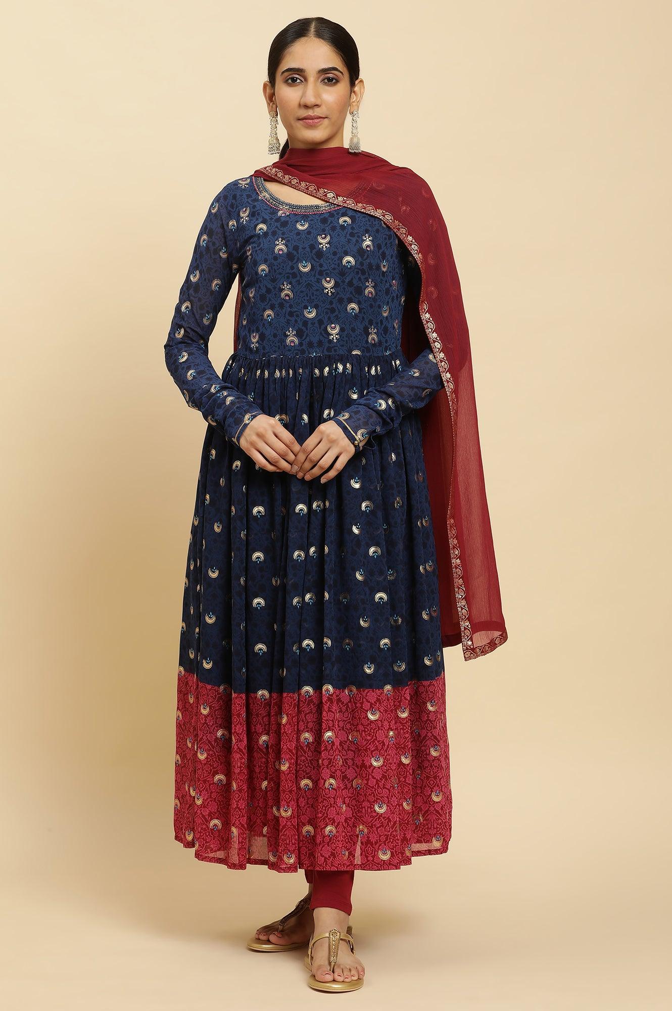 Blue Embroidered Kurta, Tights and Dupatta Festive Set - Image 3
