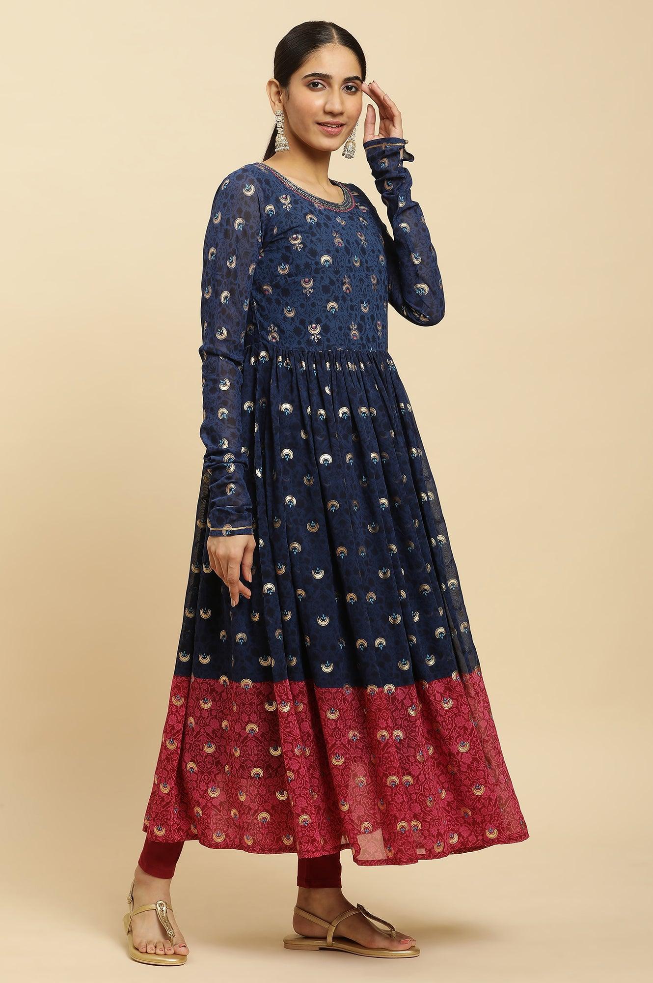 Blue Embroidered Kurta, Tights and Dupatta Festive Set - Image 4
