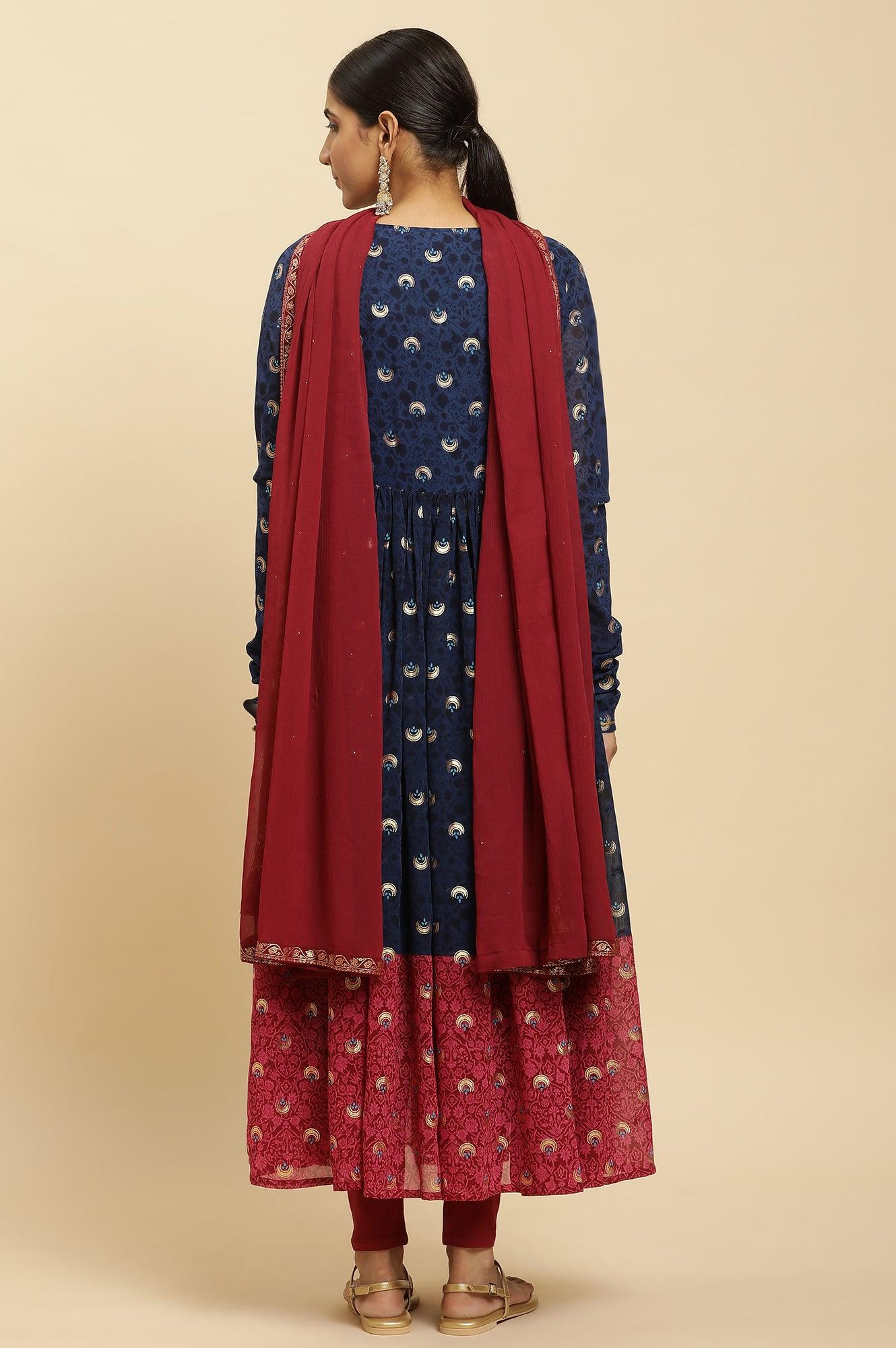 Blue Embroidered Kurta, Tights and Dupatta Festive Set - Image 5