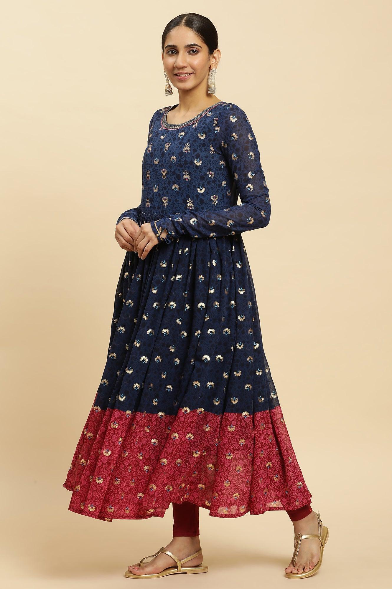 Blue Embroidered Kurta, Tights and Dupatta Festive Set - Image 6
