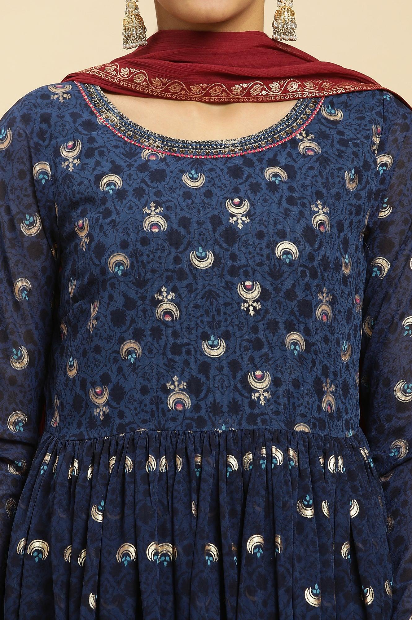 Blue Embroidered Kurta, Tights and Dupatta Festive Set - Image 7