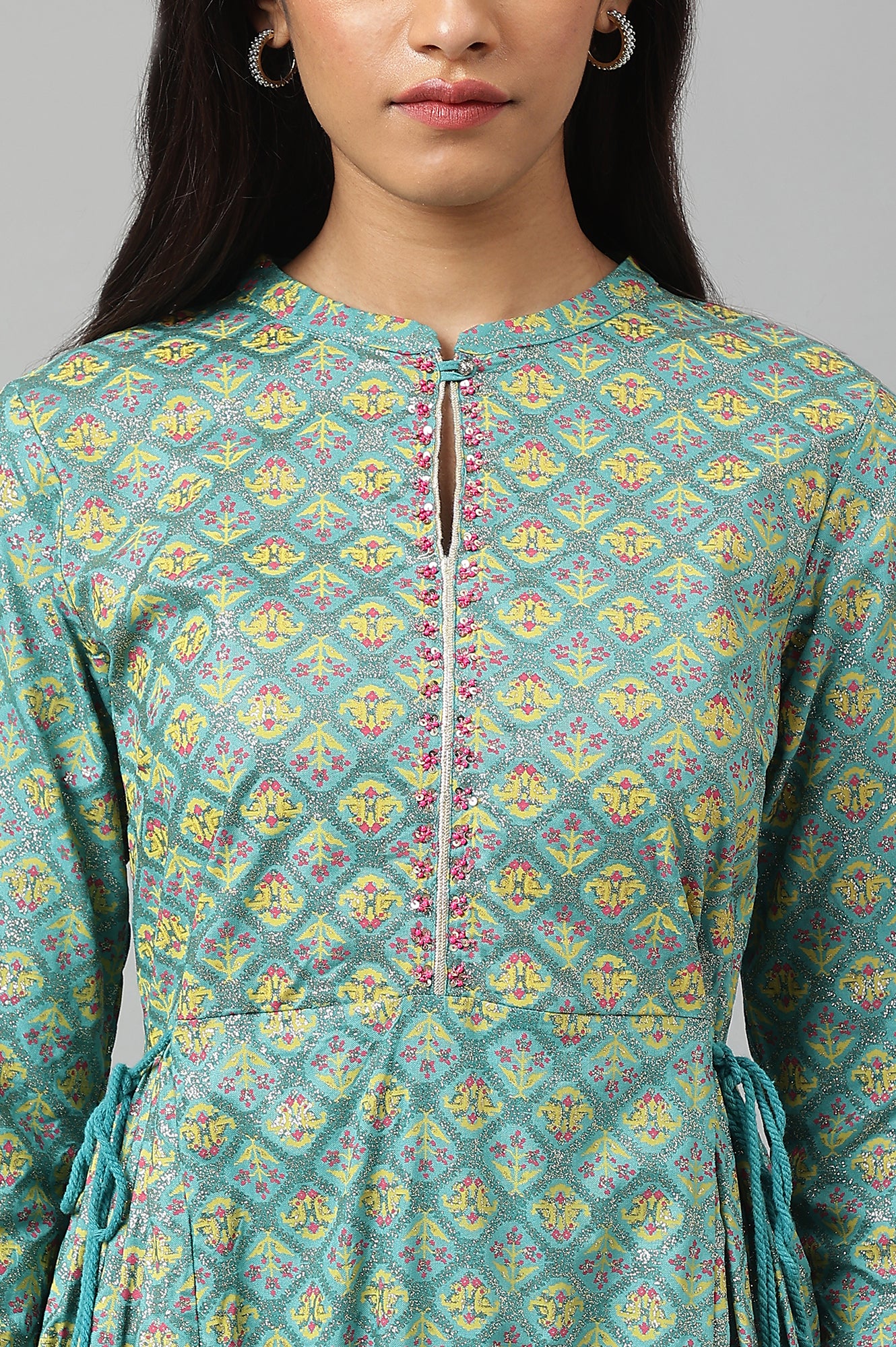 Blue Gathered kurta With Bead Work - Image 7