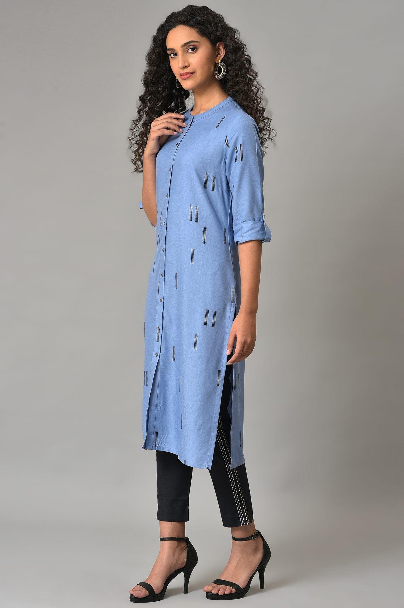 Blue Geometric Print Plus Size Shirt kurta - Image 3