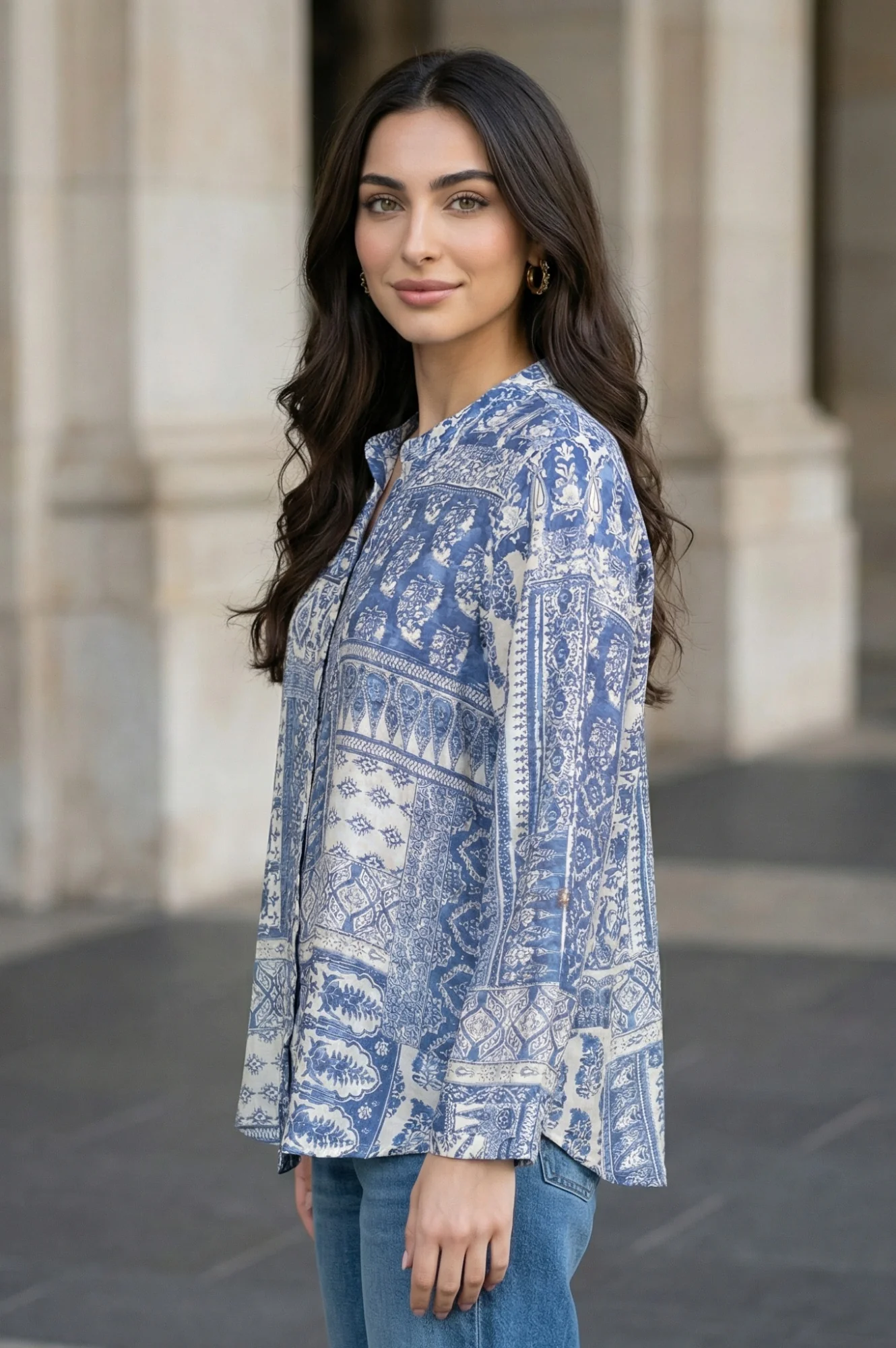 Blue Geometric Printed Straight Shirt - Image 3