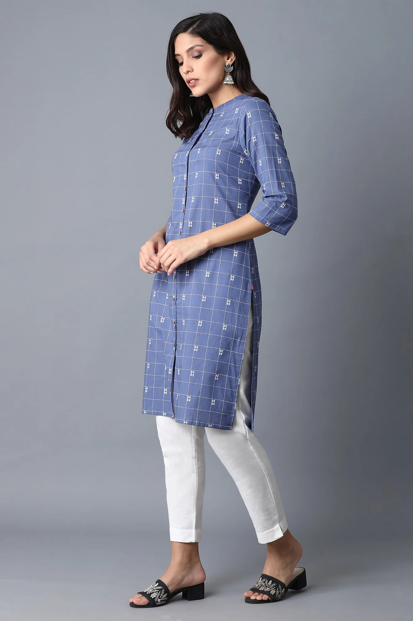 Blue Geometric Straight Cotton Kurta - Image 3