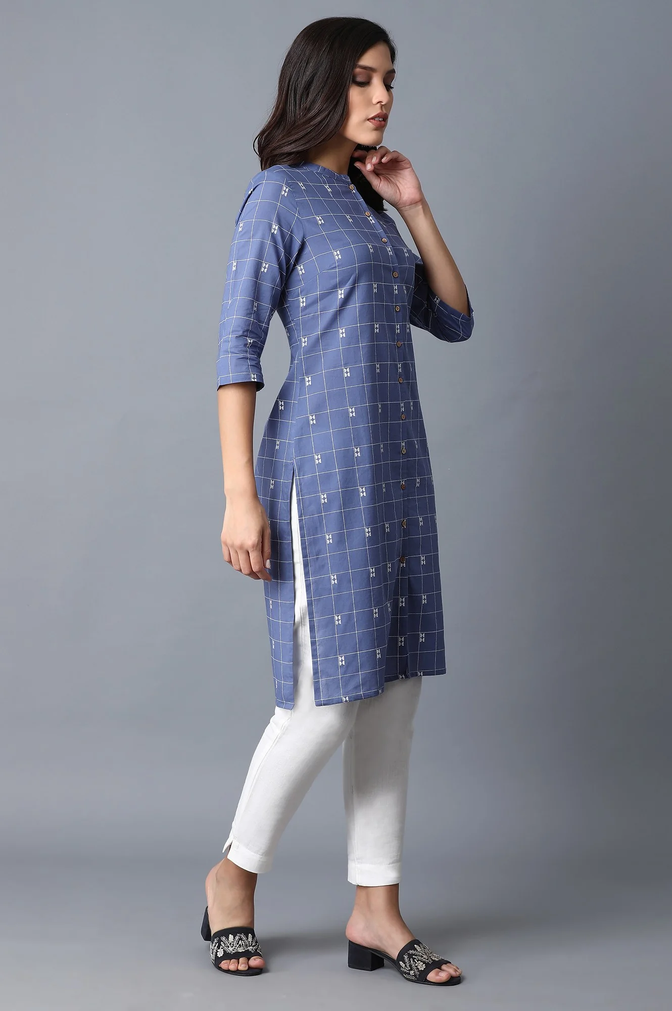 Blue Geometric Straight Cotton Kurta - Image 4