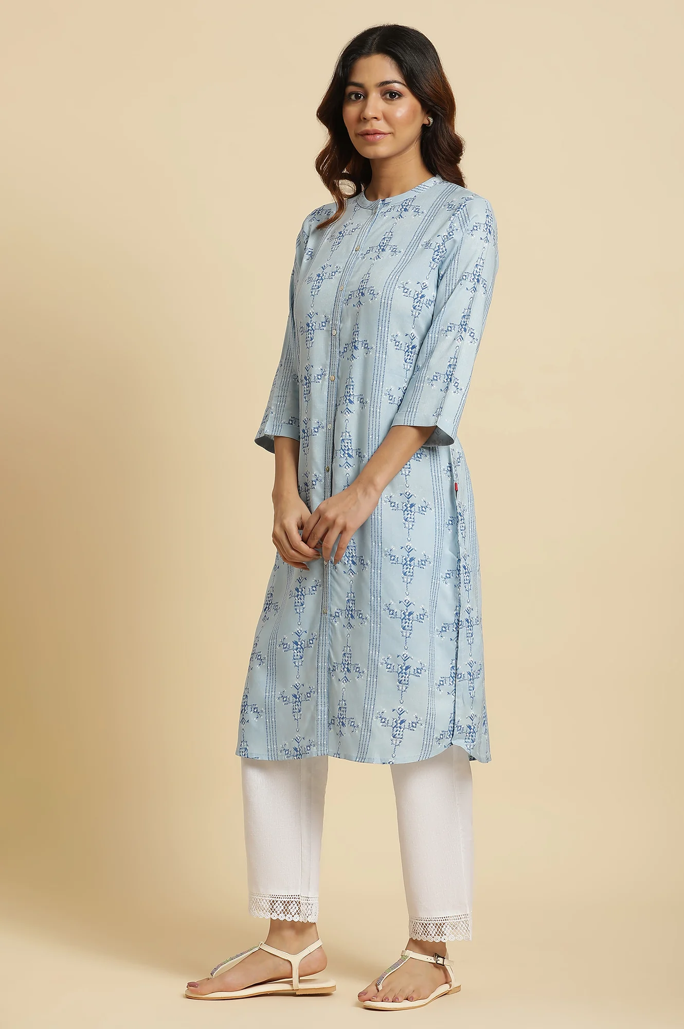 Blue Geometric Straight Woven Kurta - Image 3