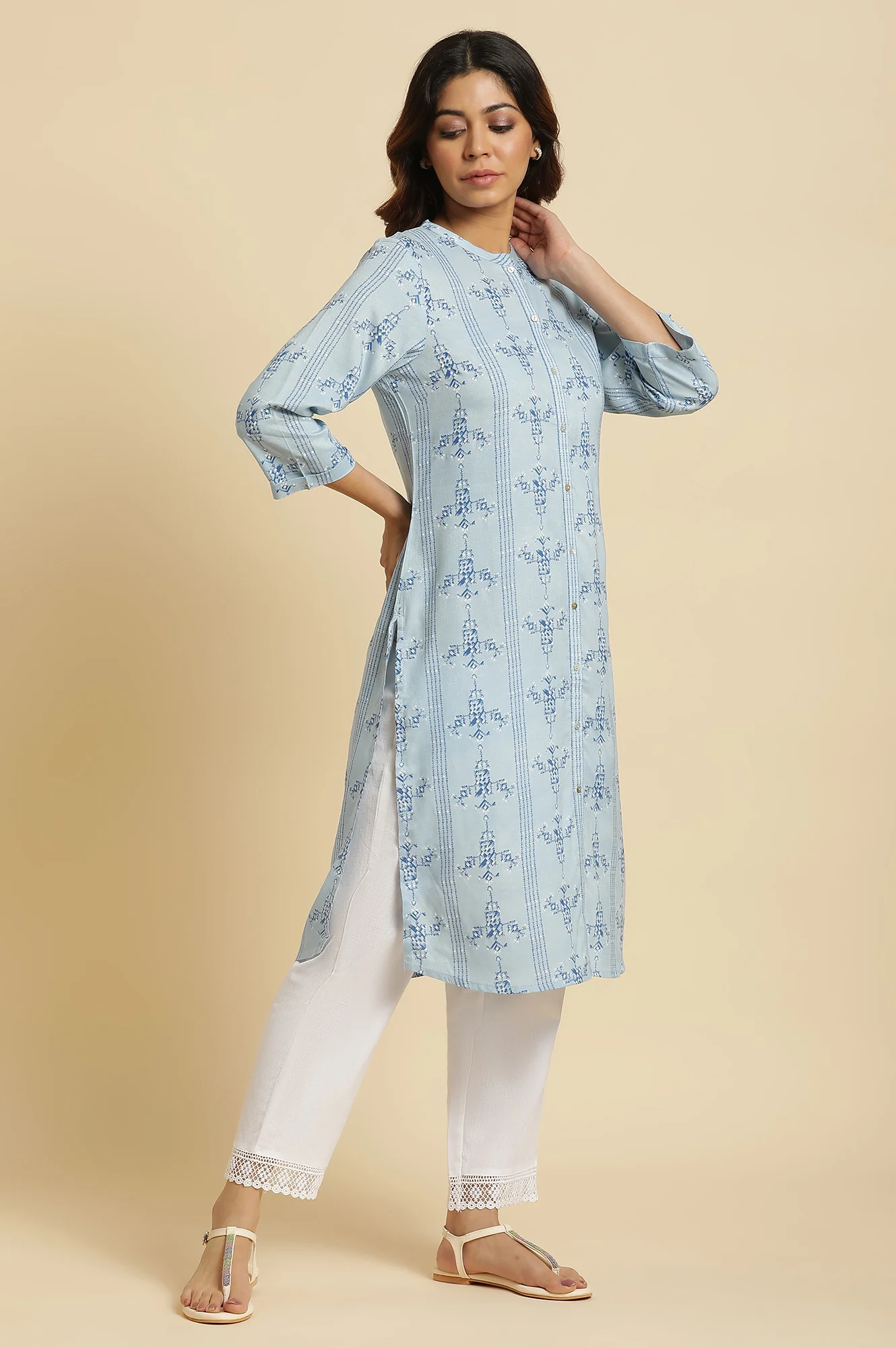 Blue Geometric Straight Woven Kurta - Image 5