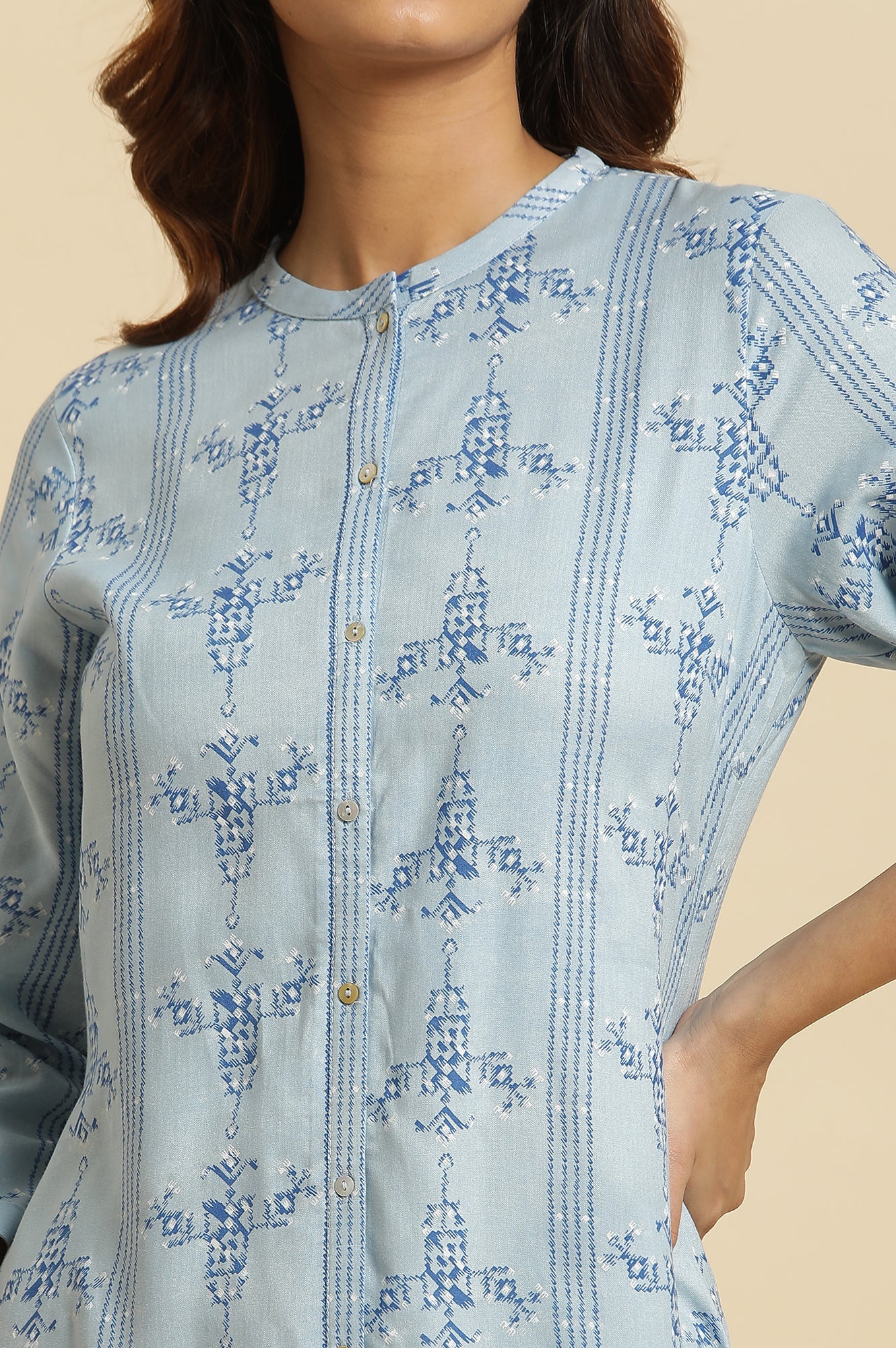 Blue Geometric Straight Woven Kurta - Image 6