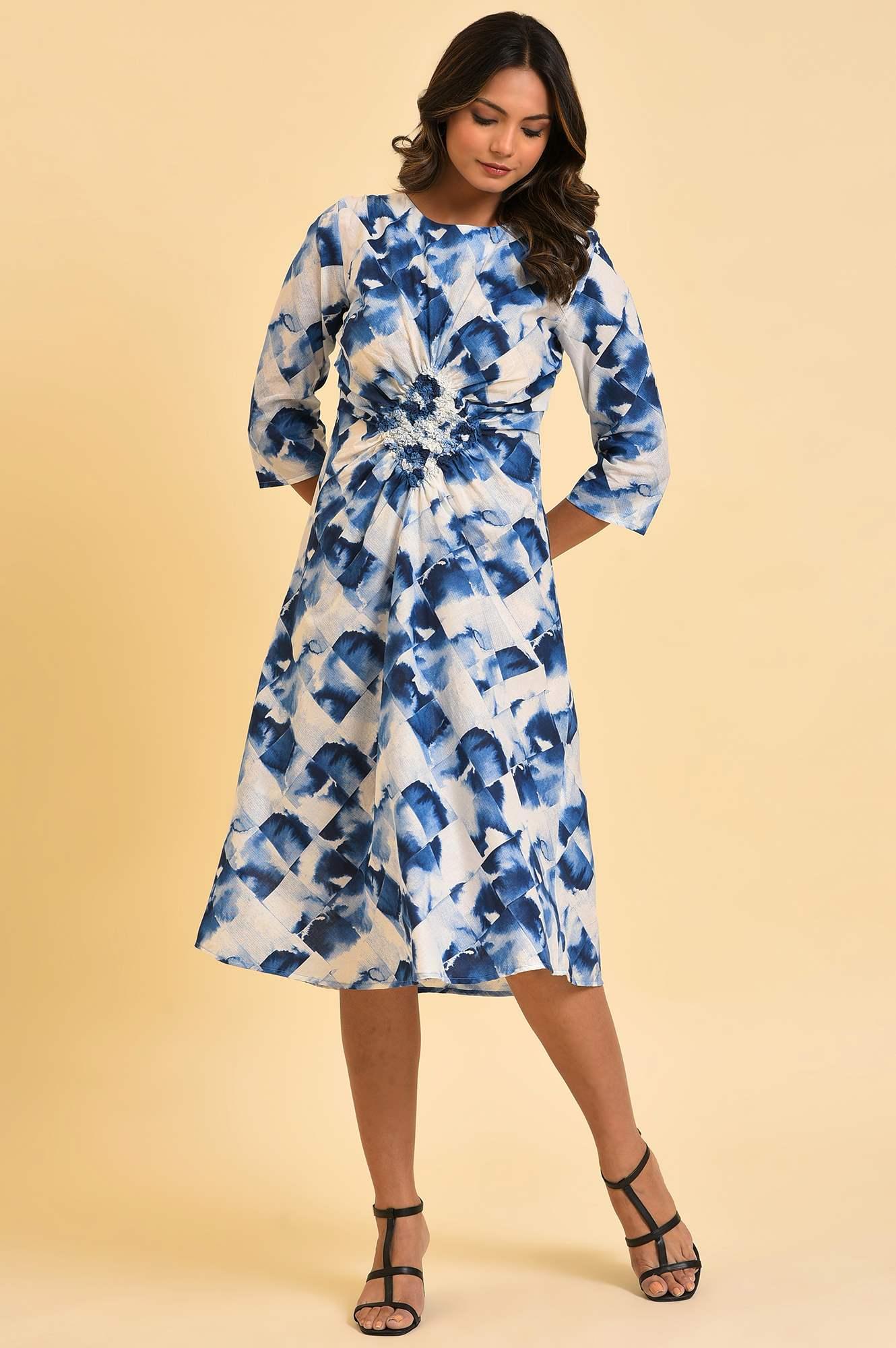 Blue Geometrical Printed Dress With Decorative Smocking
