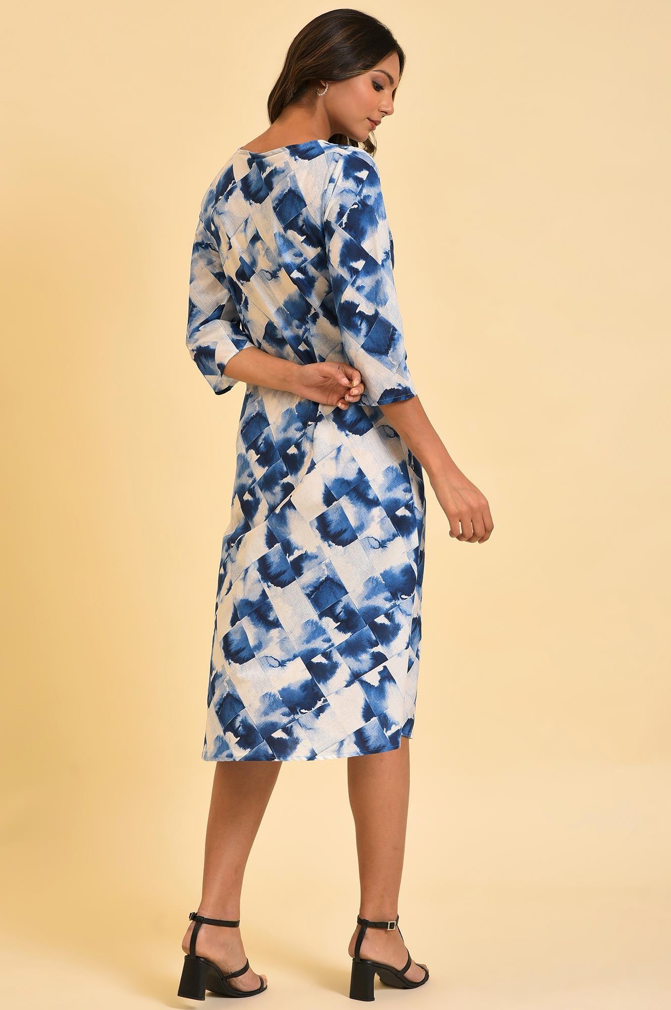 Blue Geometrical Printed Dress With Decorative Smocking - Image 2