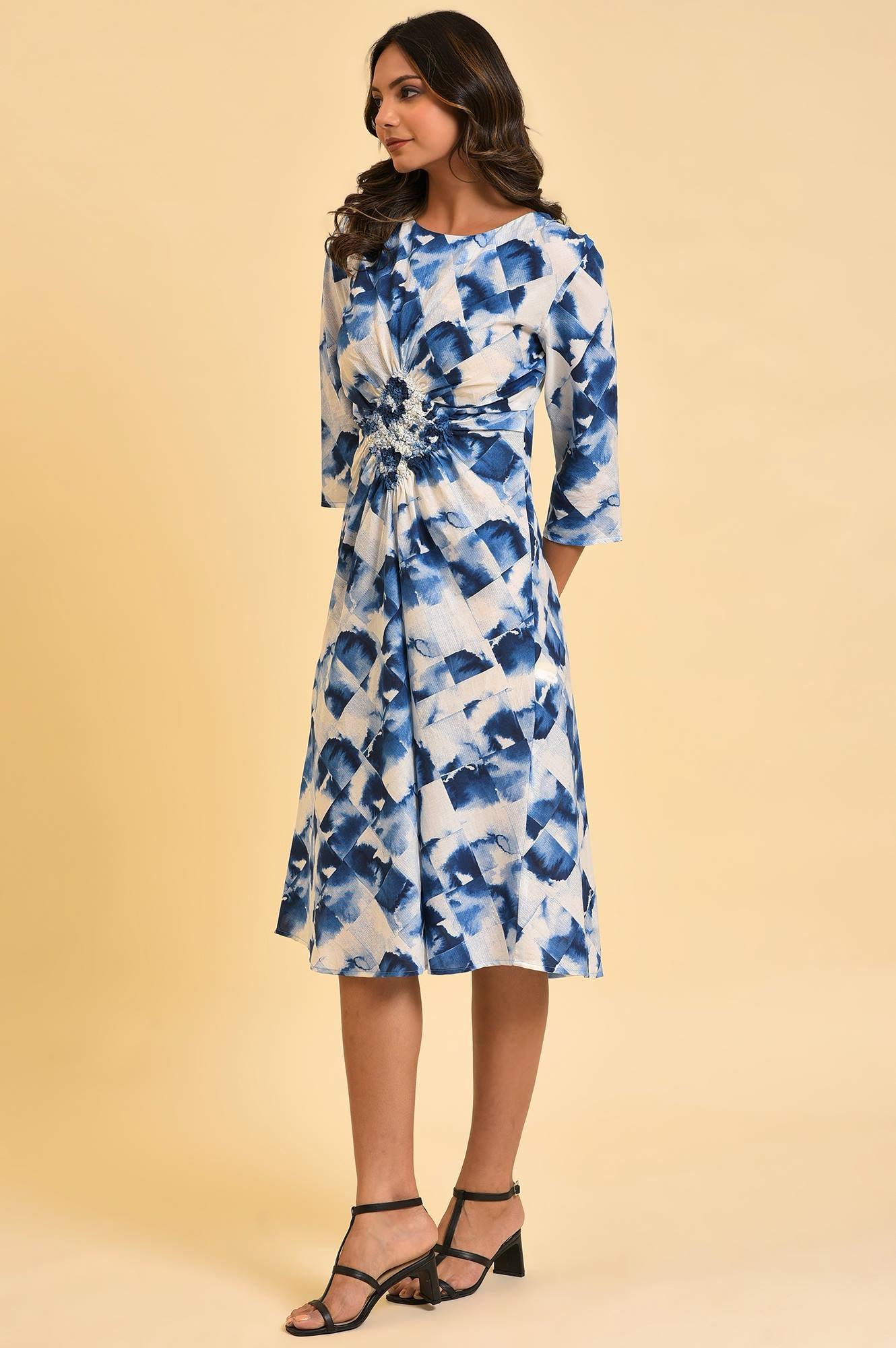 Blue Geometrical Printed Dress With Decorative Smocking - Image 3