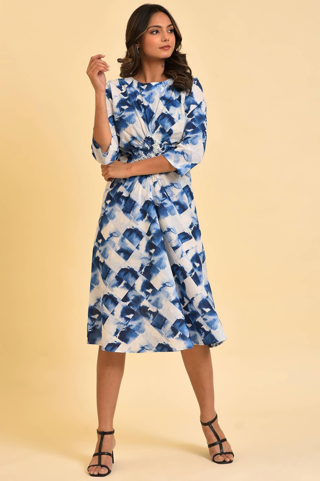 Blue Geometrical Printed Dress With Decorative Smocking - Image 6