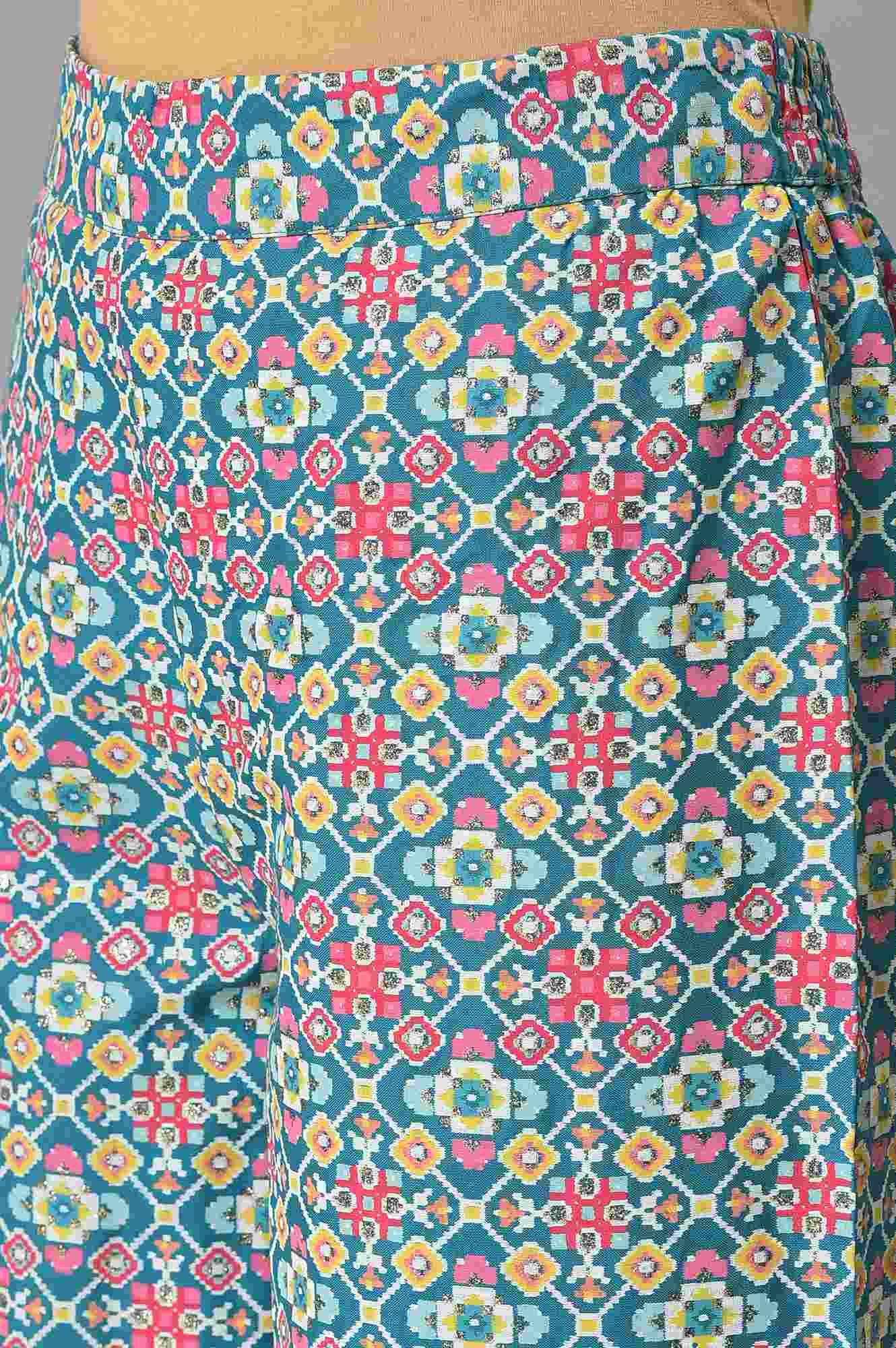 Blue Glitter Printed A-Line kurta With Parallel Pants And Mesh Dupatta - Image 7