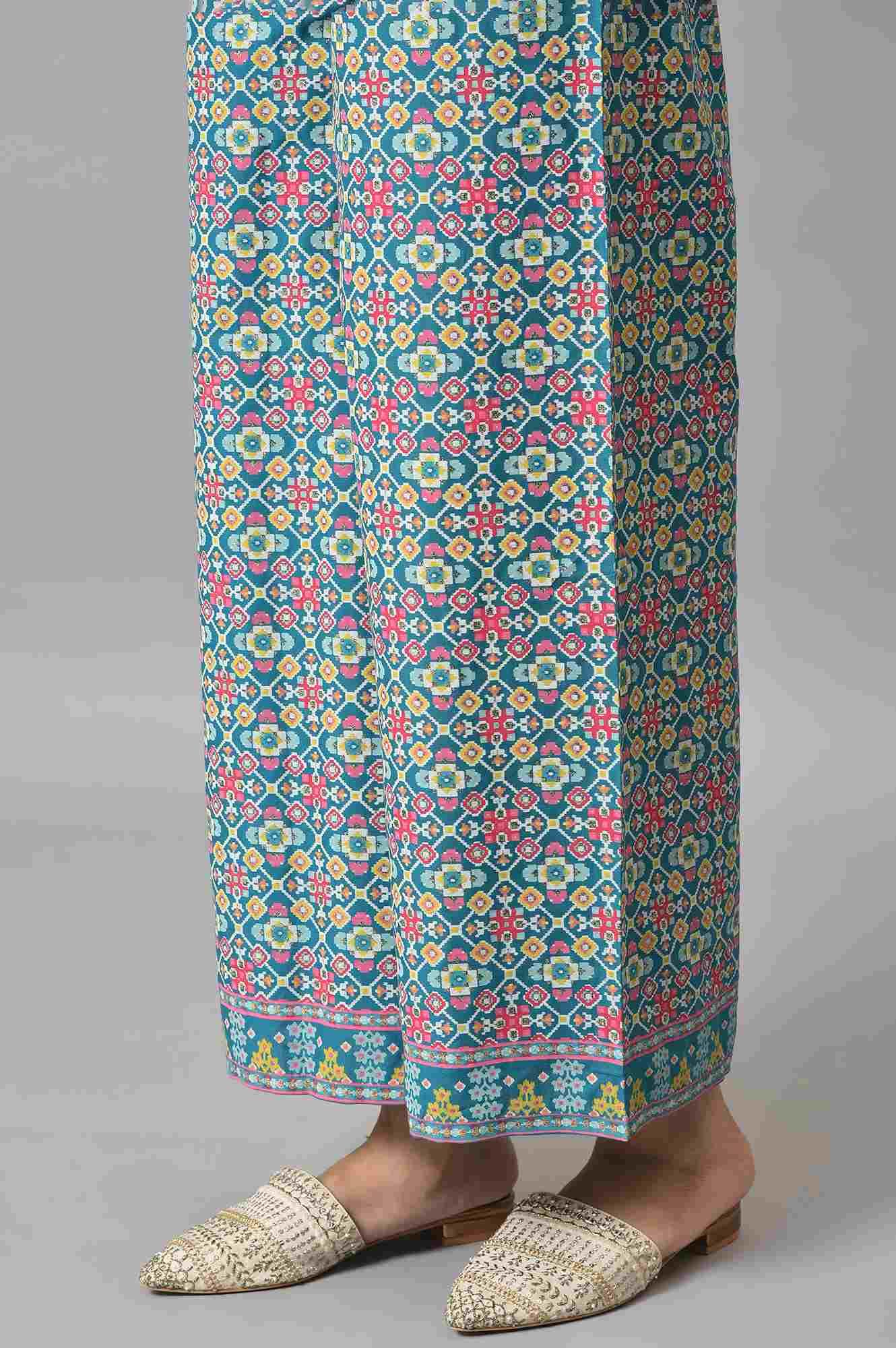 Blue Glitter Printed A-Line kurta With Parallel Pants And Mesh Dupatta - Image 8