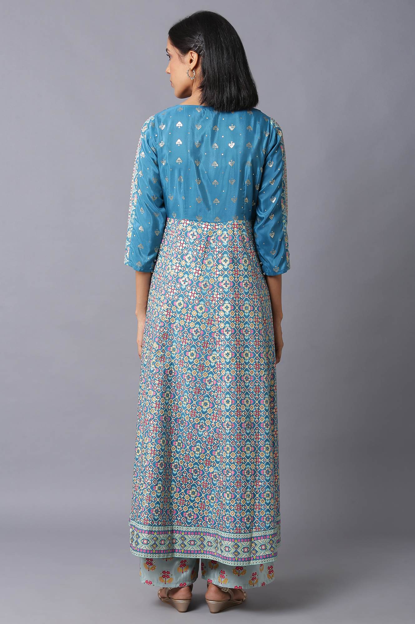 Blue Glitter Printed A-Line kurta With Slim Pants - Image 2