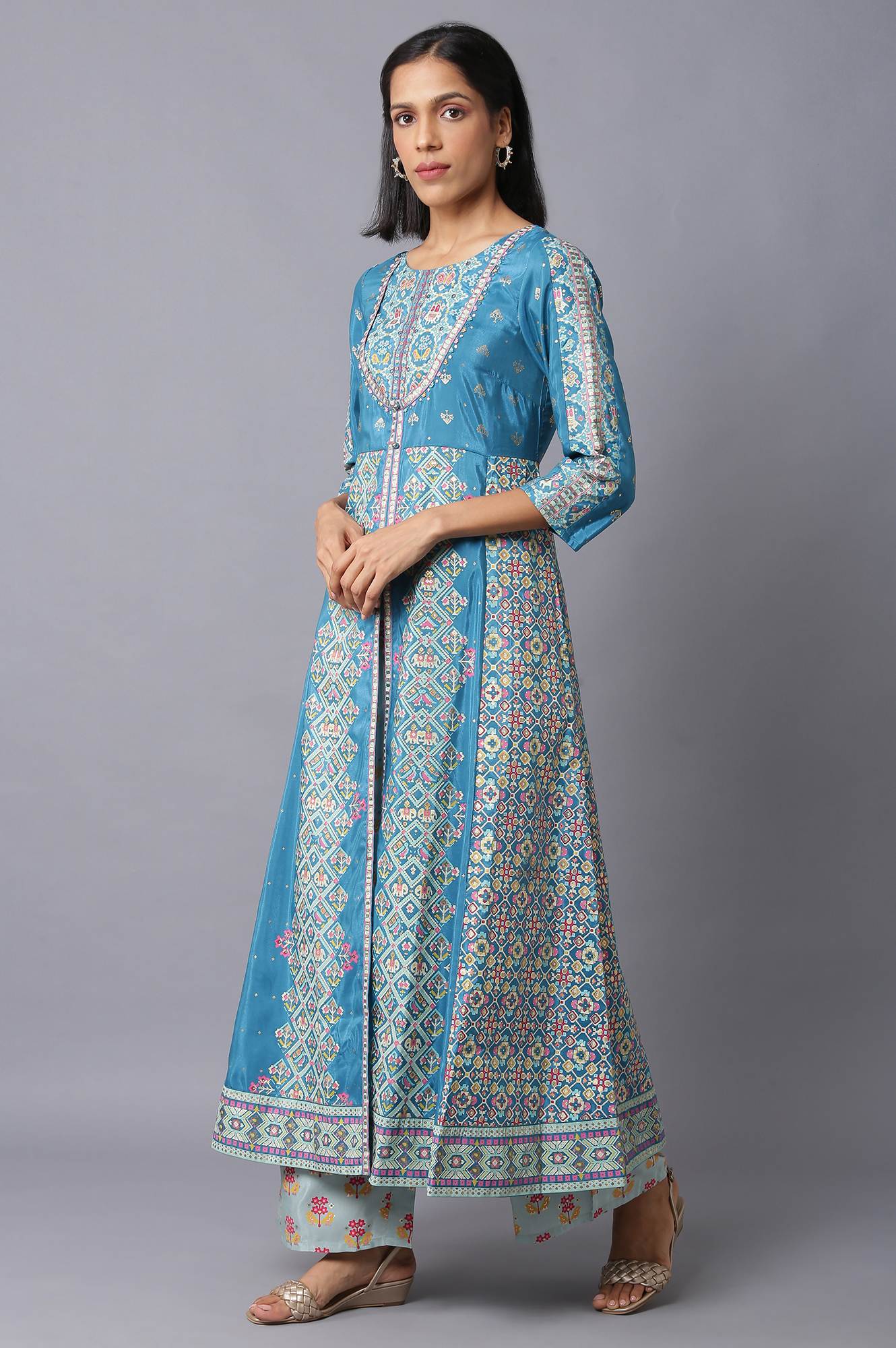 Blue Glitter Printed A-Line kurta With Slim Pants - Image 3