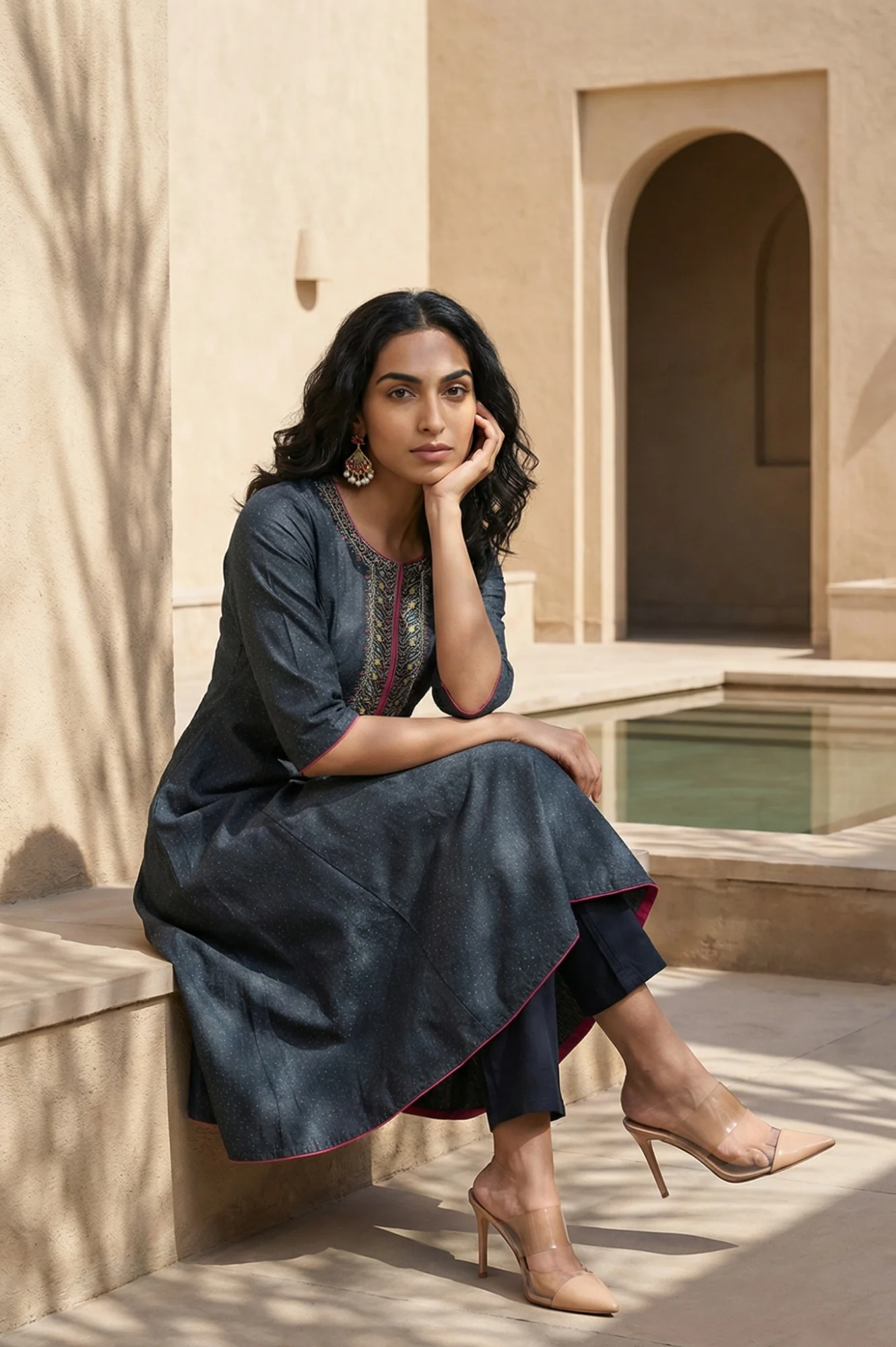Blue Glitter Printed Embroidered Shantung A-line Kurta - Image 3