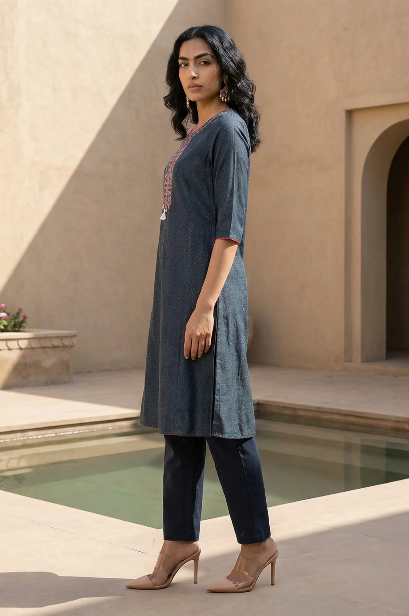 Blue Glitter Printed Embroidered Shantung A-line Kurta - Image 4