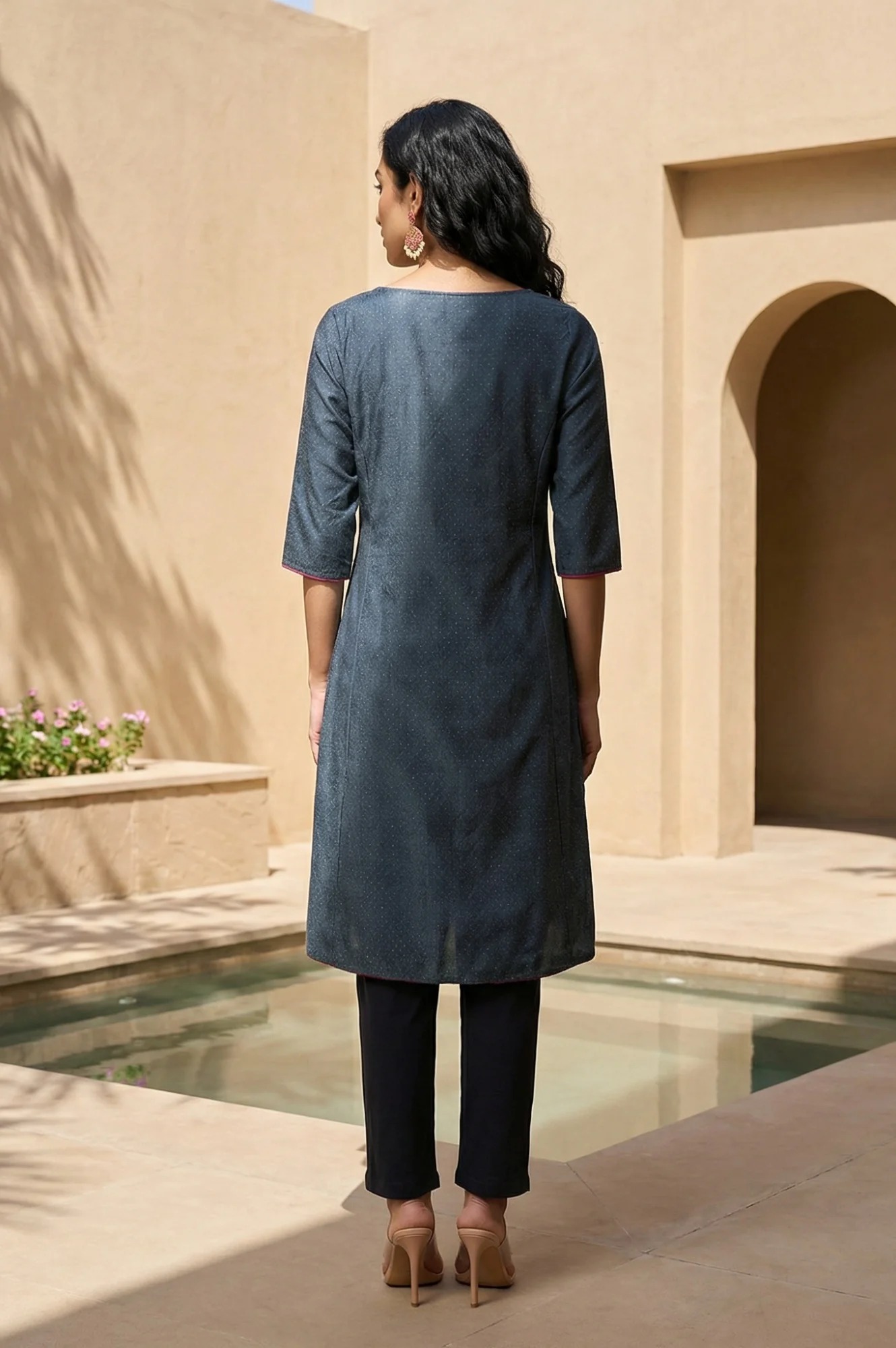 Blue Glitter Printed Embroidered Shantung A-line Kurta - Image 5