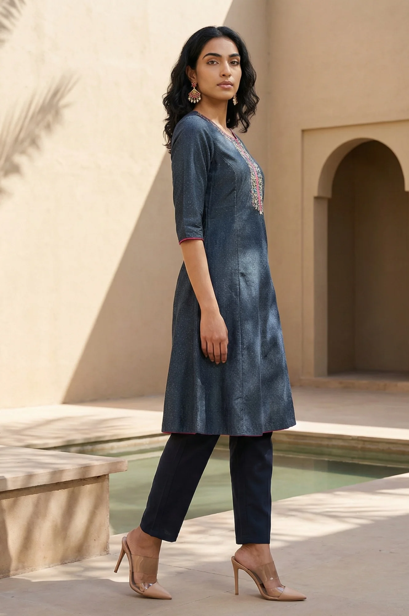 Blue Glitter Printed Embroidered Shantung A-line Kurta - Image 6