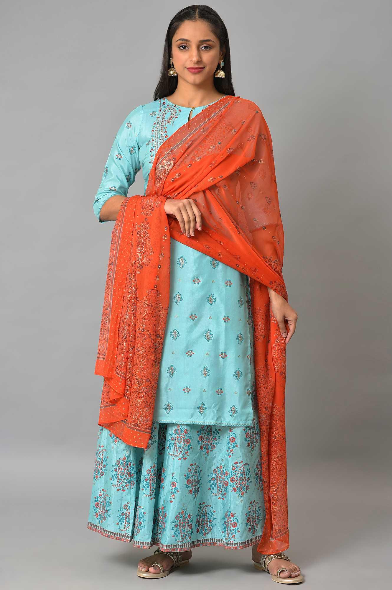 Blue Glitter Printed kurta And Culottes With Red Dupatta - Image 10