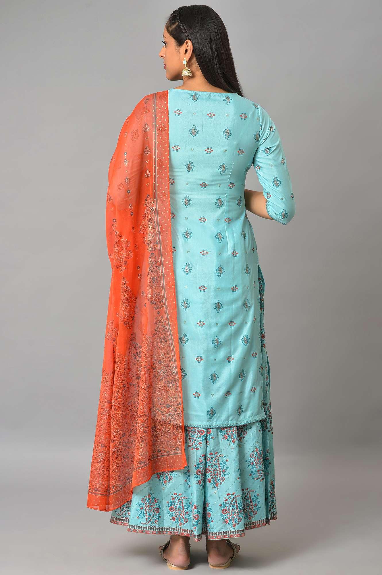 Blue Glitter Printed kurta And Culottes With Red Dupatta - Image 2