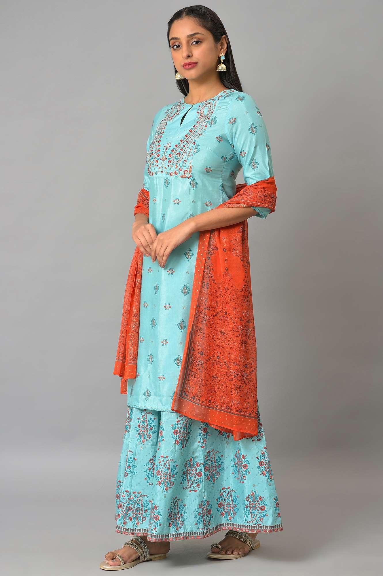 Blue Glitter Printed kurta And Culottes With Red Dupatta - Image 3
