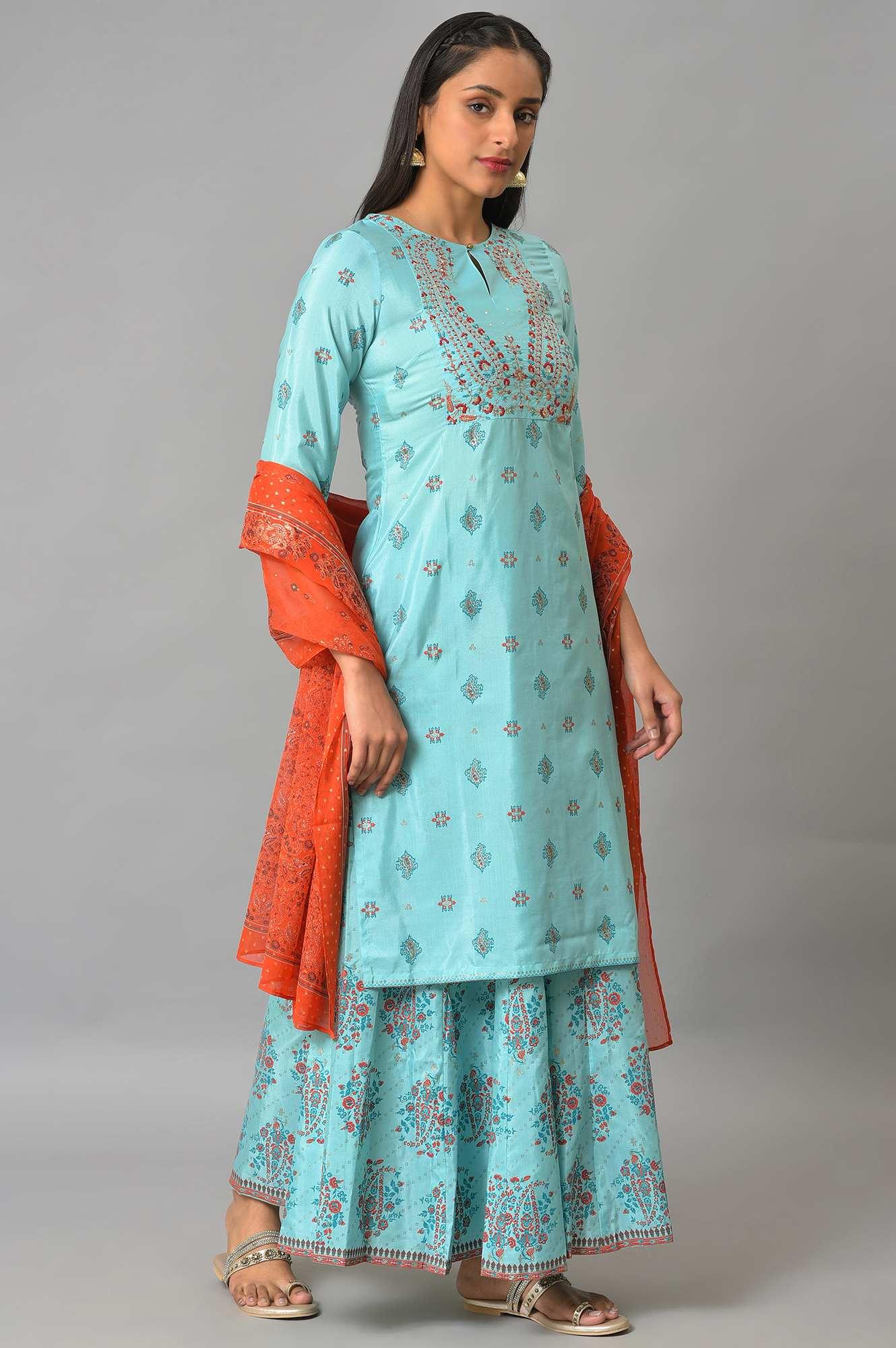 Blue Glitter Printed kurta And Culottes With Red Dupatta - Image 4