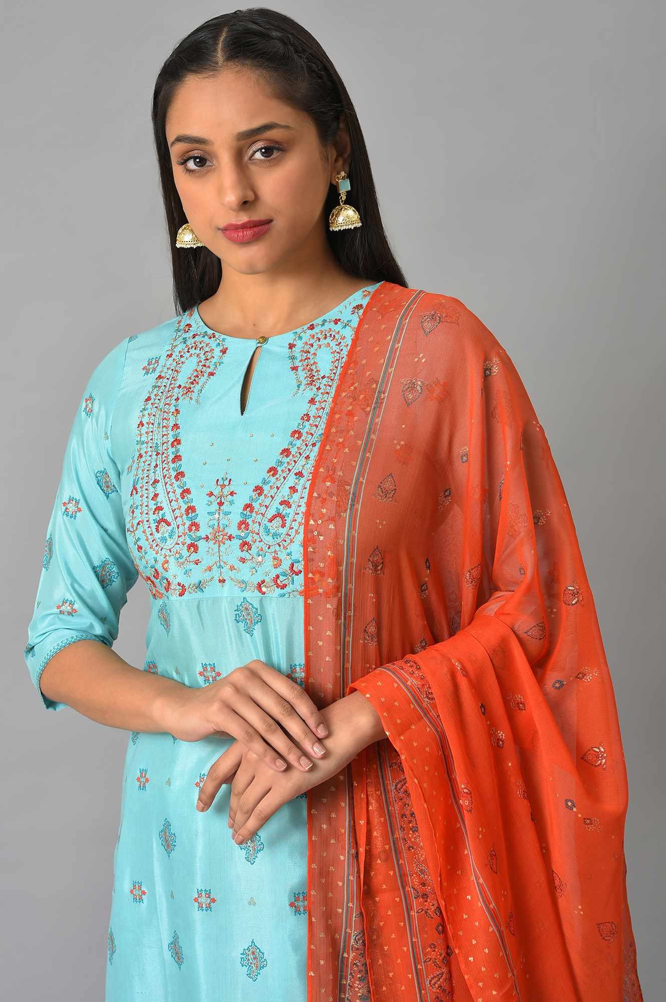 Blue Glitter Printed kurta And Culottes With Red Dupatta - Image 5