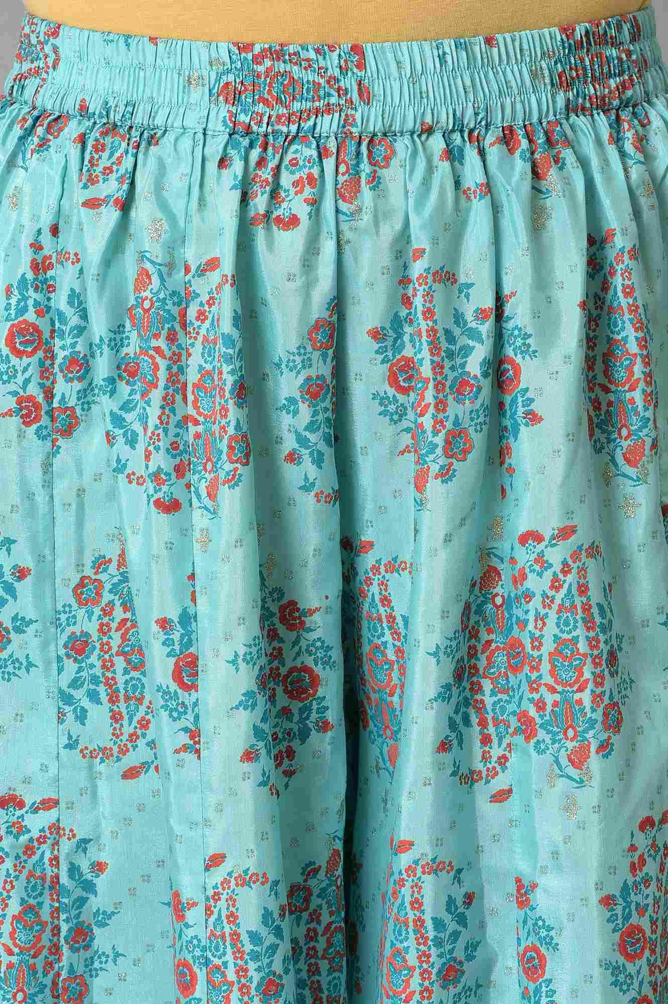 Blue Glitter Printed kurta And Culottes With Red Dupatta - Image 6