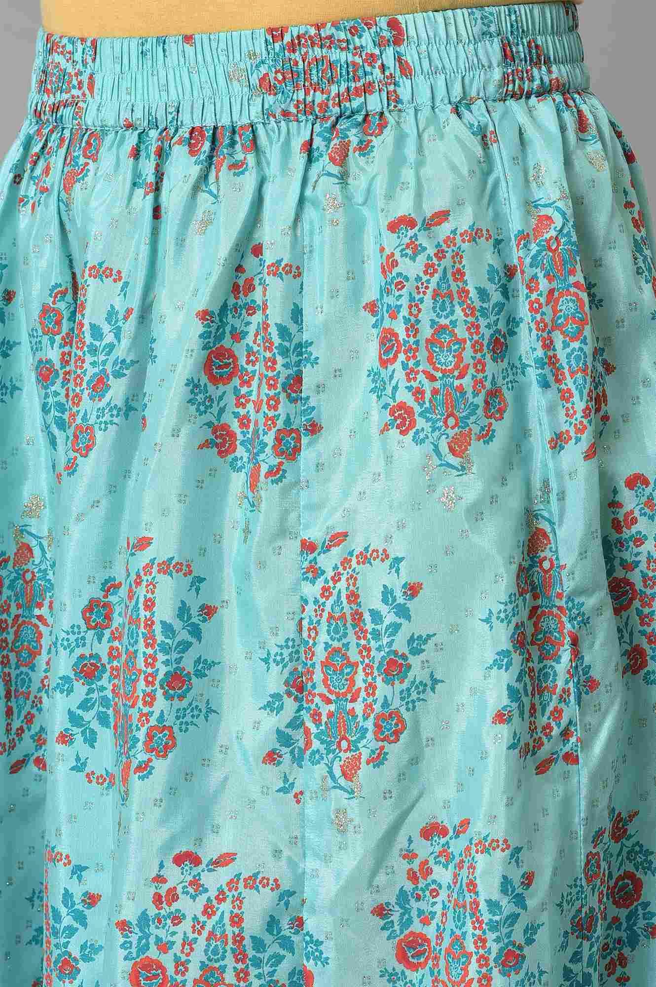 Blue Glitter Printed kurta And Culottes With Red Dupatta - Image 7