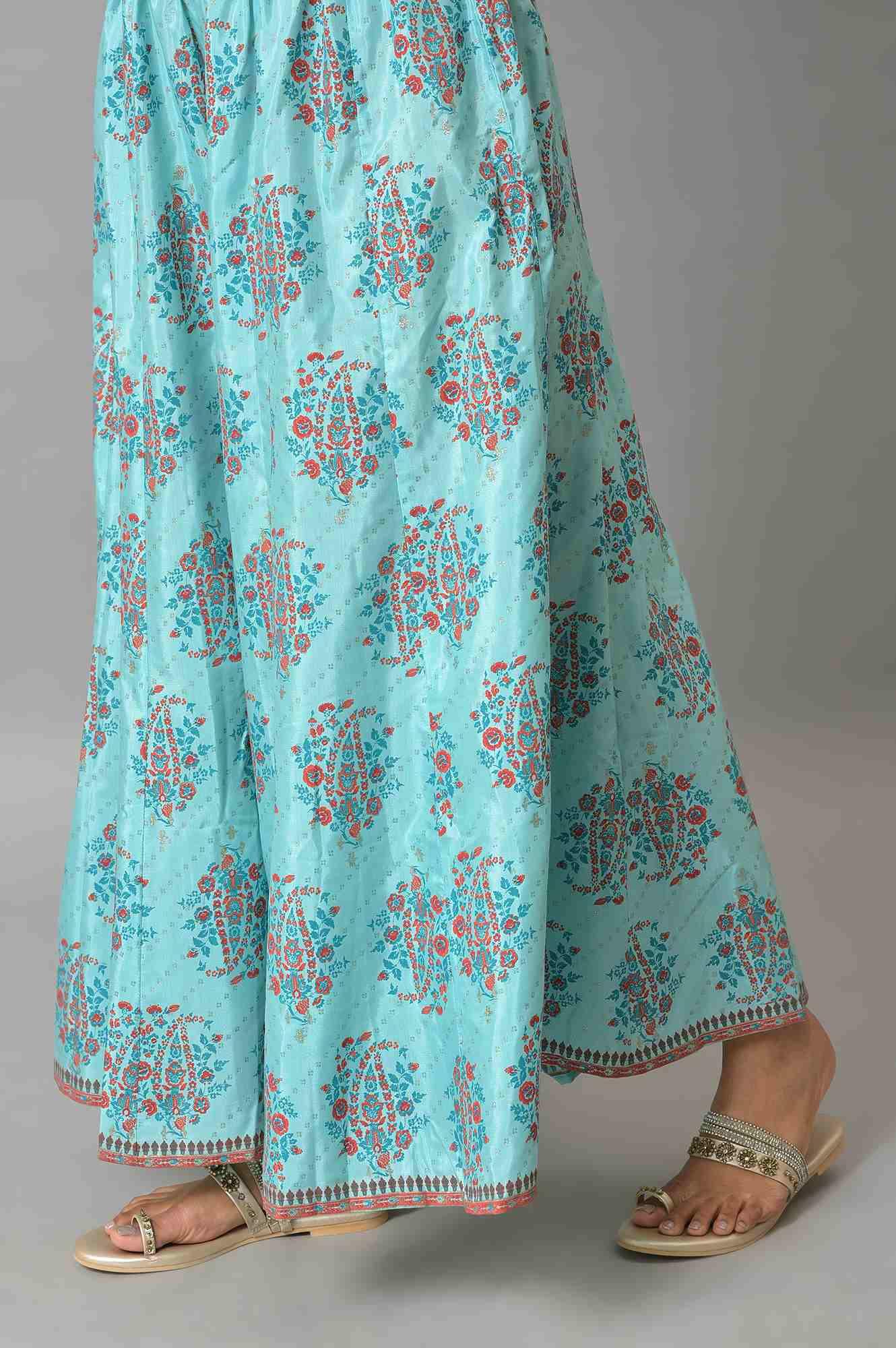 Blue Glitter Printed kurta And Culottes With Red Dupatta - Image 8