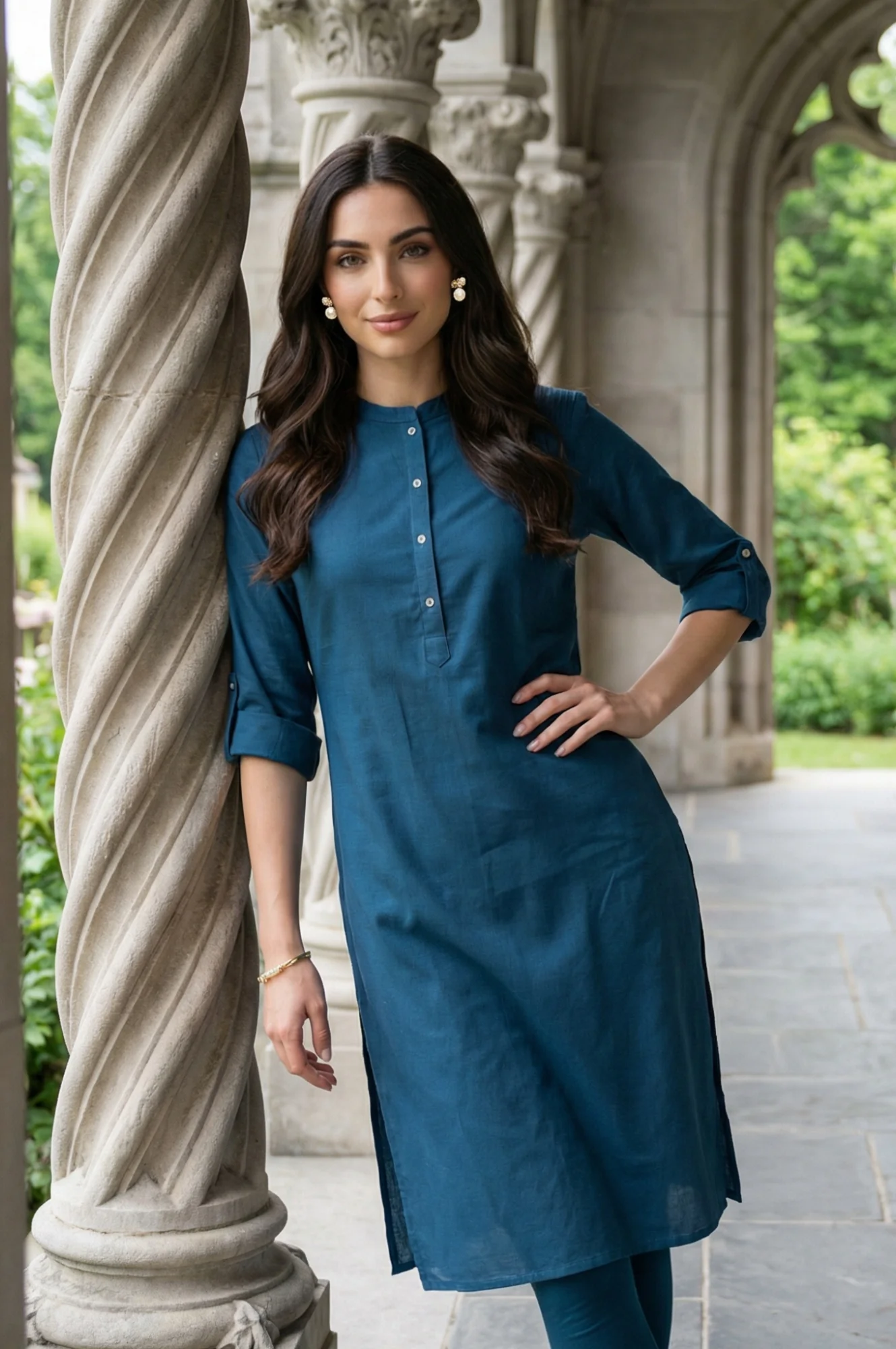 Blue Solid Cotton Shirt Kurta in Mandarin Collar - Image 2