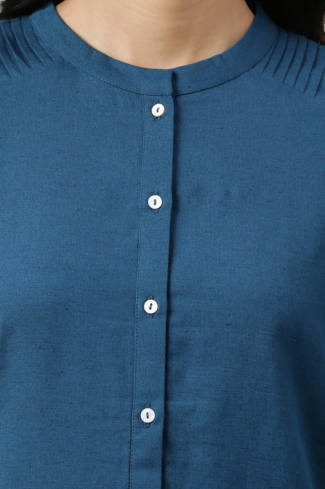 Blue Solid Cotton Shirt Kurta in Mandarin Collar - Image 3