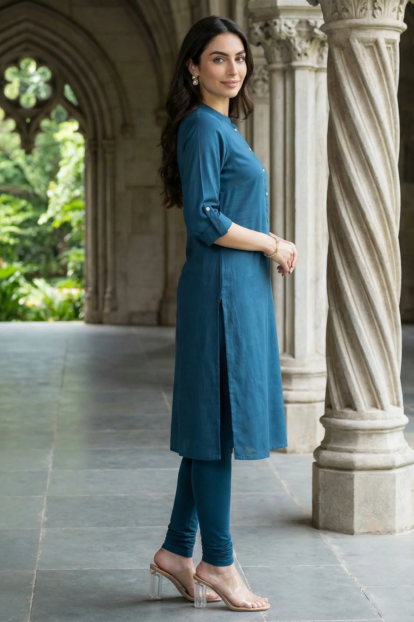 Blue Solid Cotton Shirt Kurta in Mandarin Collar - Image 4