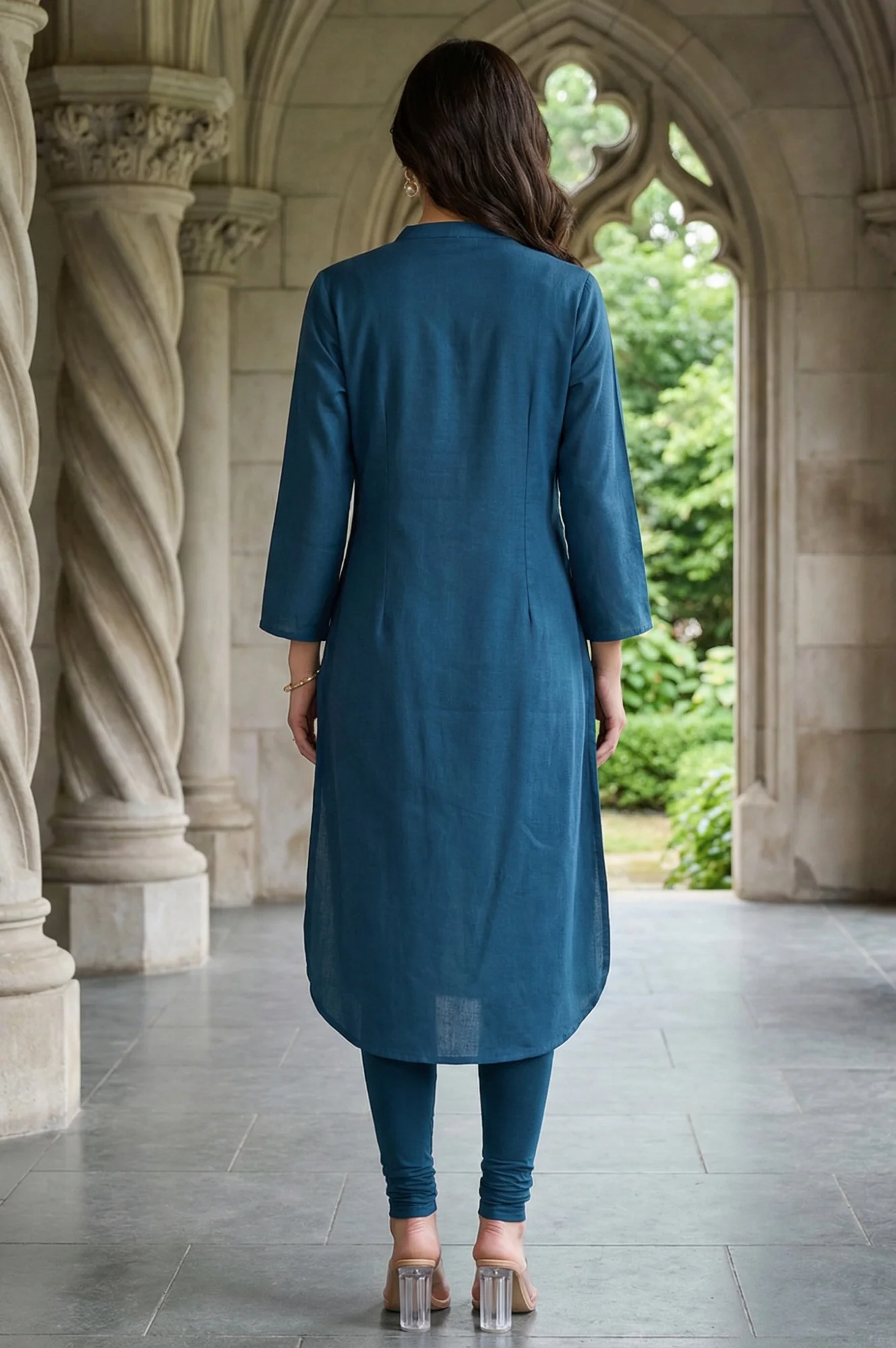 Blue Solid Cotton Shirt Kurta in Mandarin Collar - Image 5