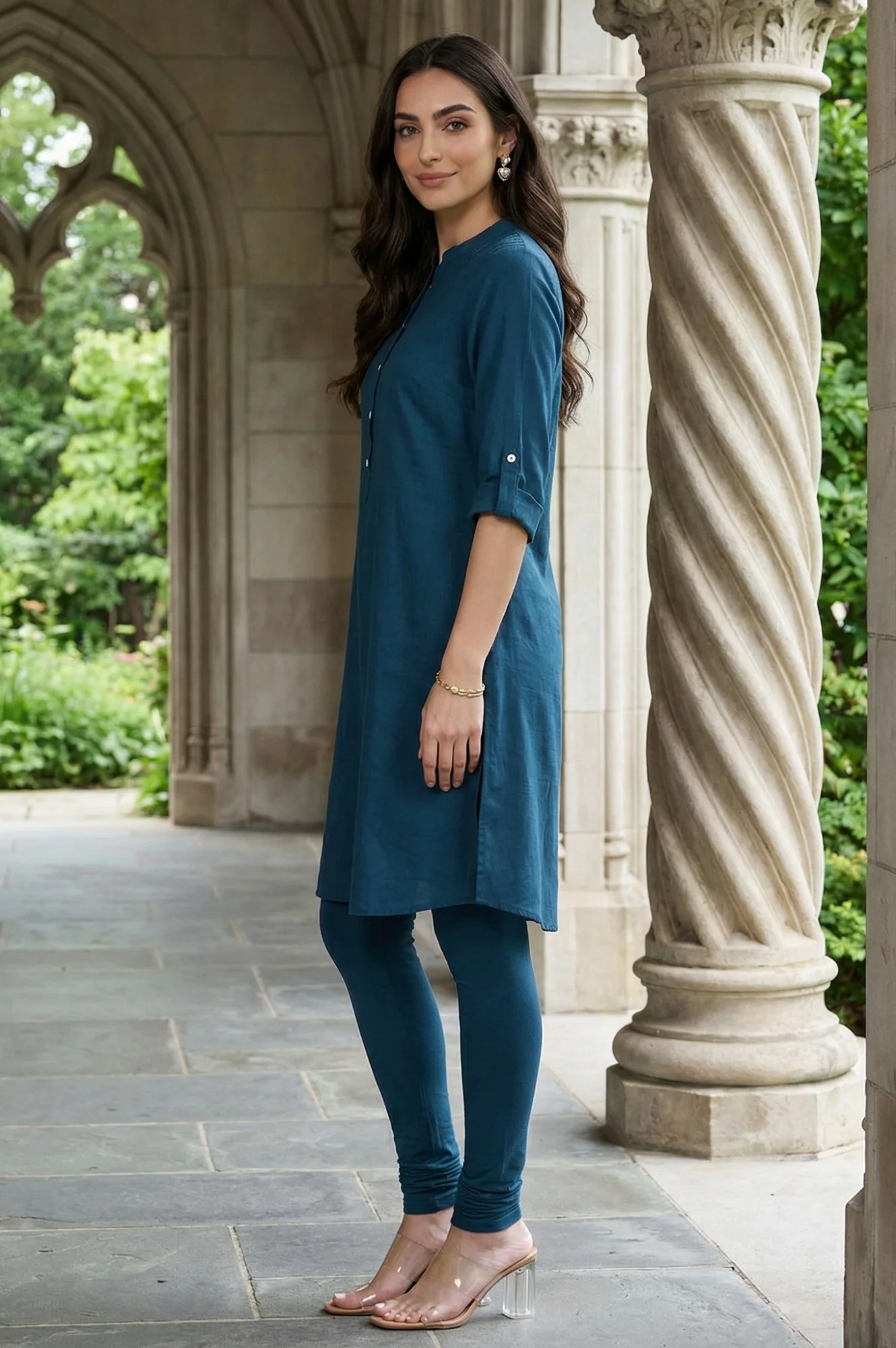 Blue Solid Cotton Shirt Kurta in Mandarin Collar - Image 6