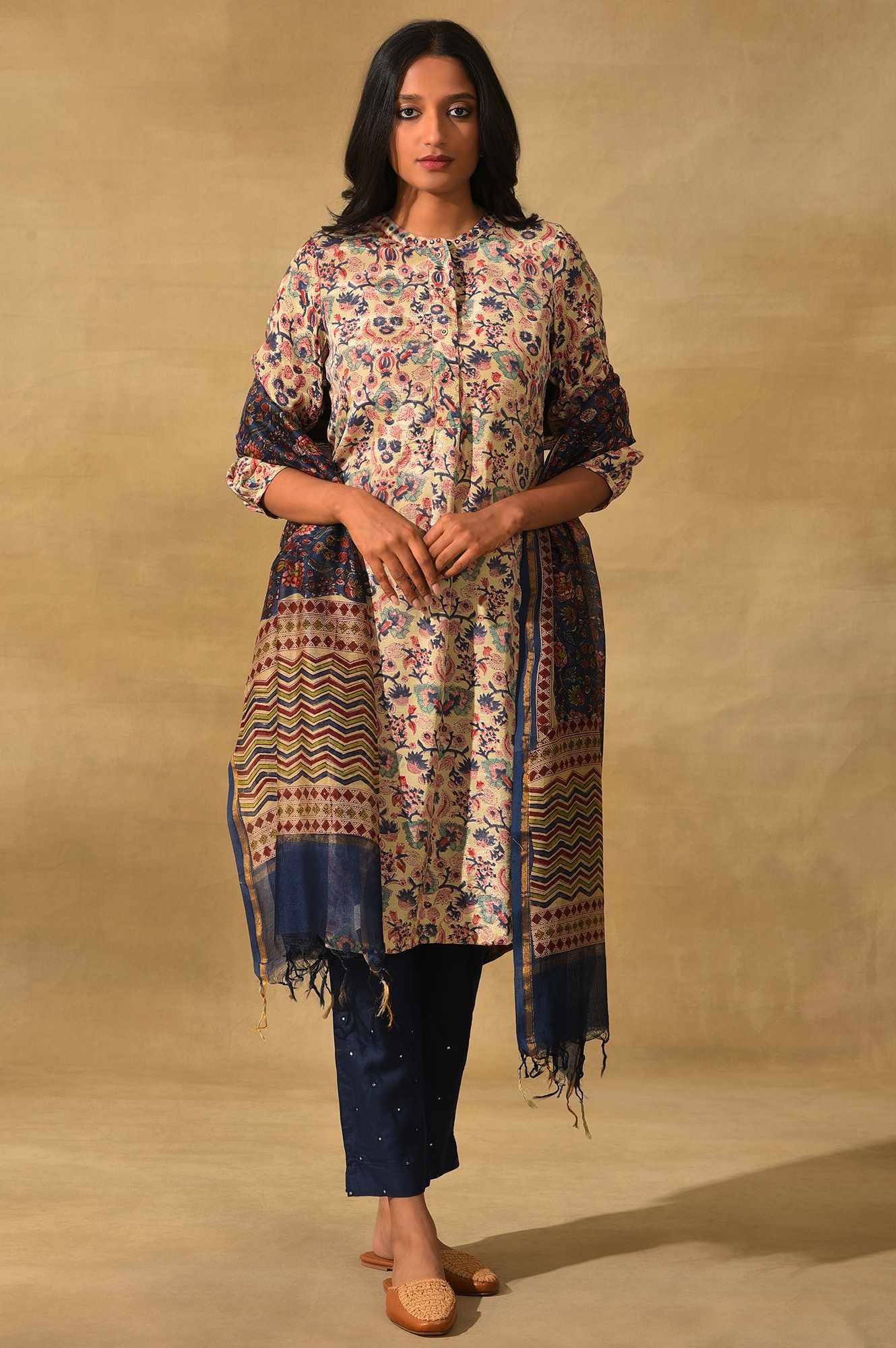 Blue Hand Block Printed Cotton Silk Drape - Image 2