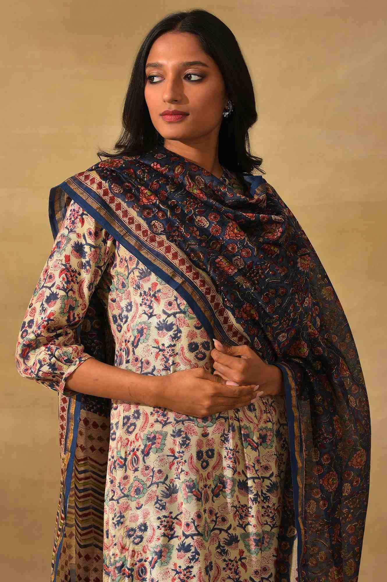 Blue Hand Block Printed Cotton Silk Drape - Image 3