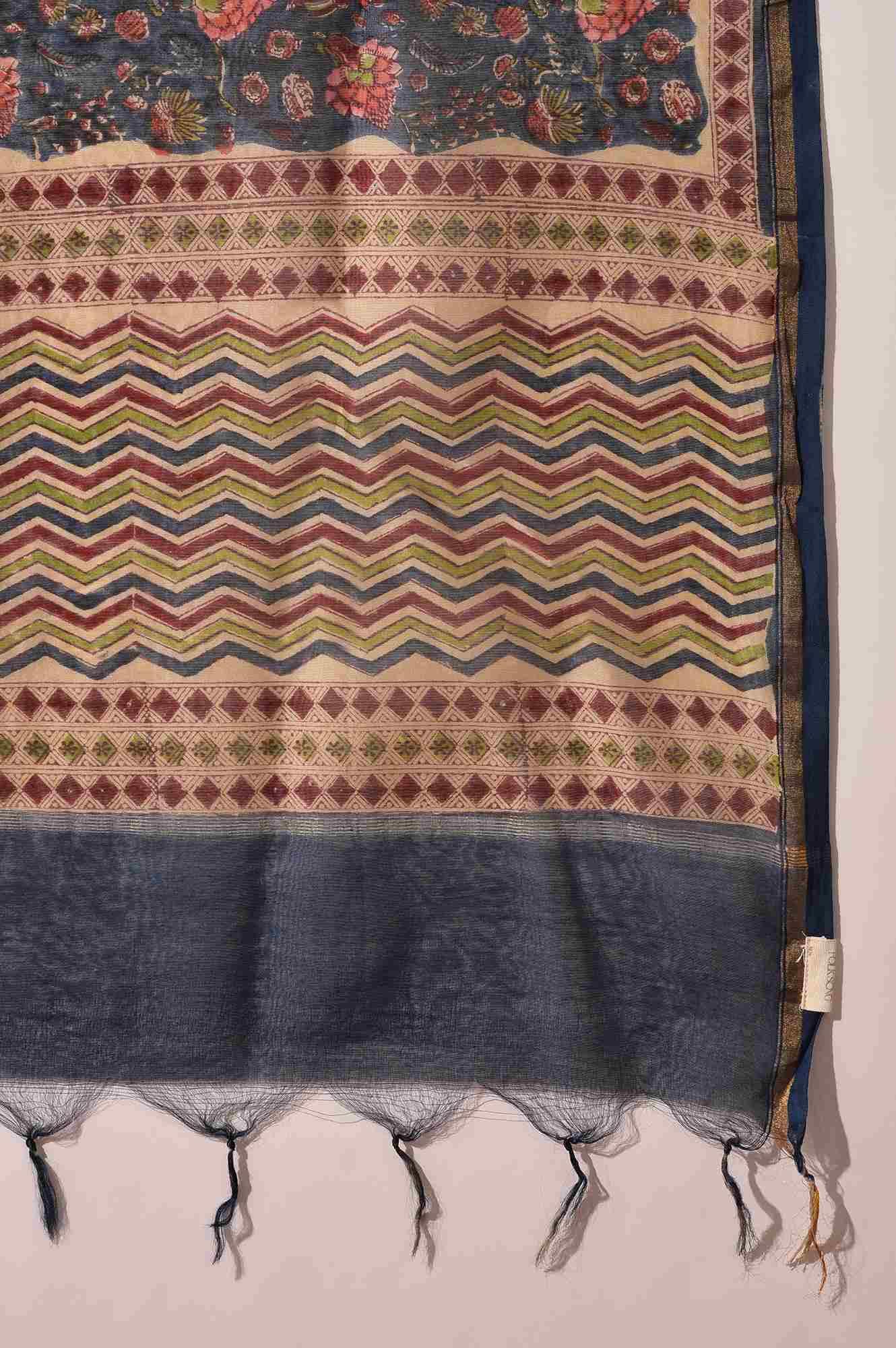 Blue Hand Block Printed Cotton Silk Drape - Image 4