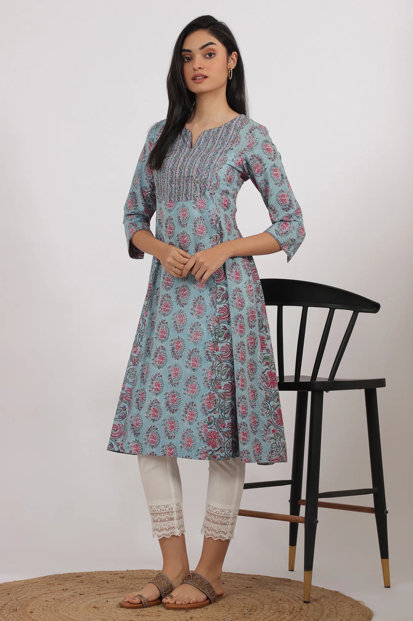 Blue Handblock Printed Flared Kurta in Fine Cotton - Image 2
