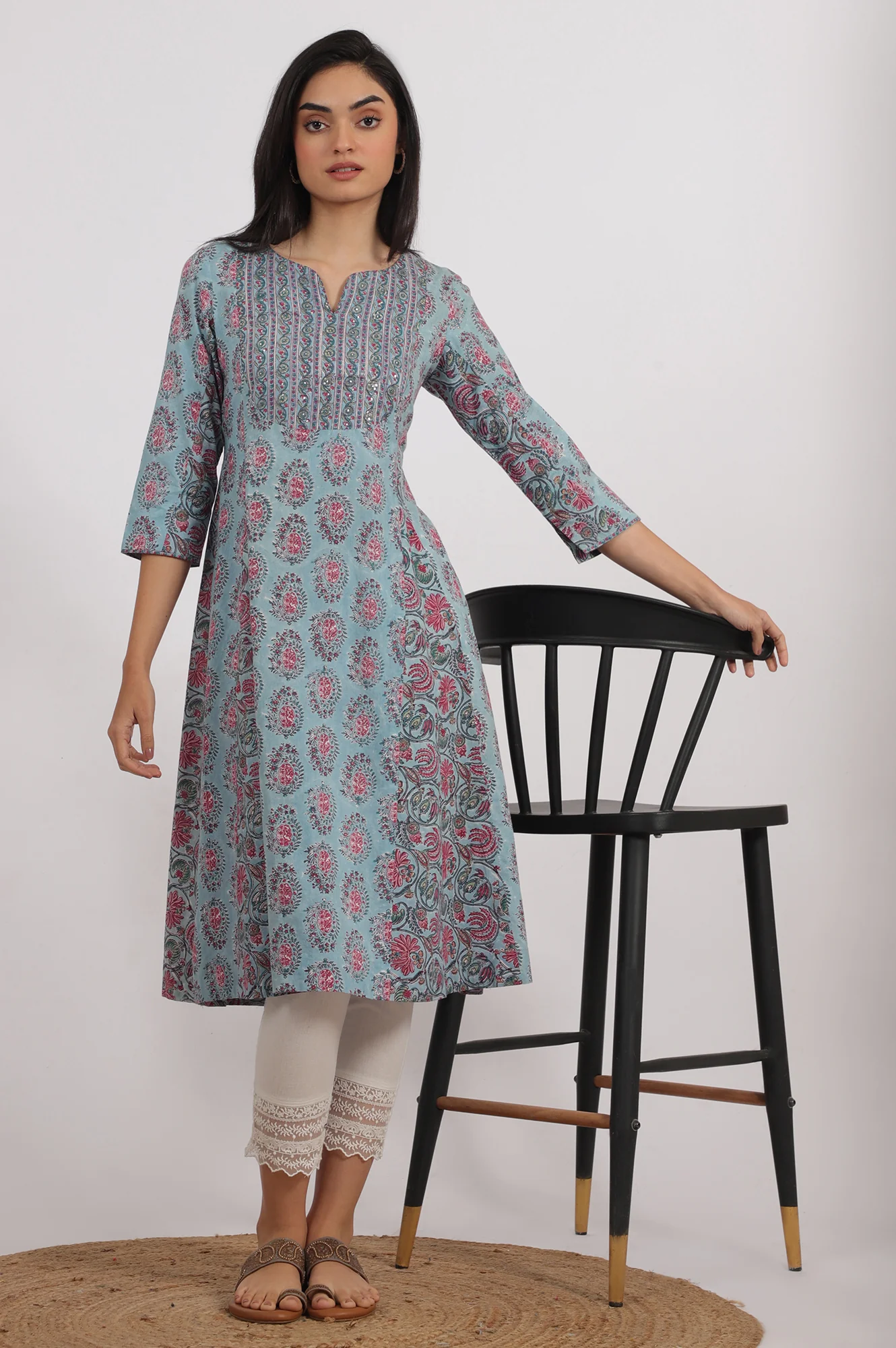 Blue Handblock Printed Flared Kurta in Fine Cotton - Image 3