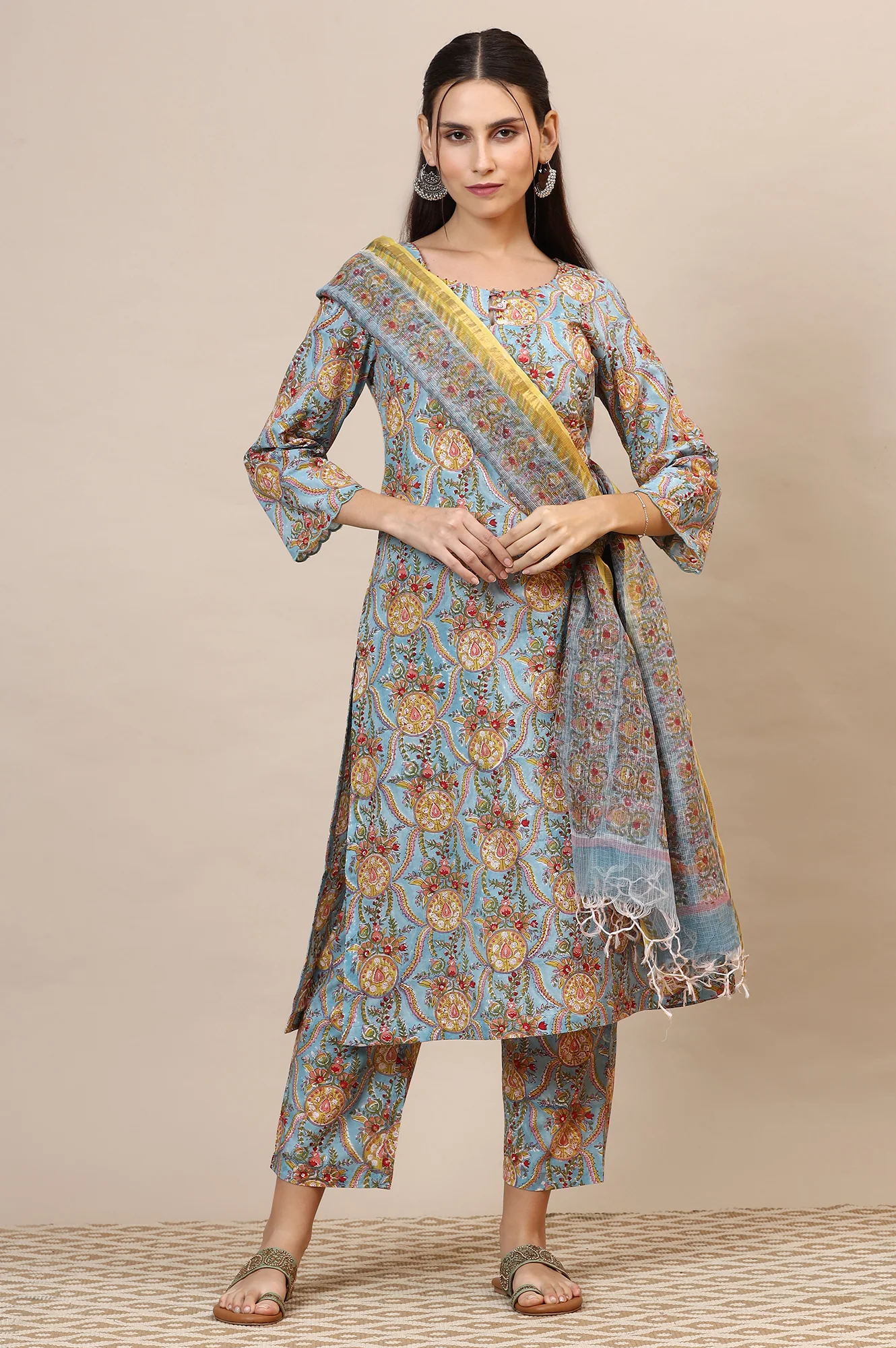 Blue Handblock Printed Kurta, Straight Pants and Dupatta Set - Image 2