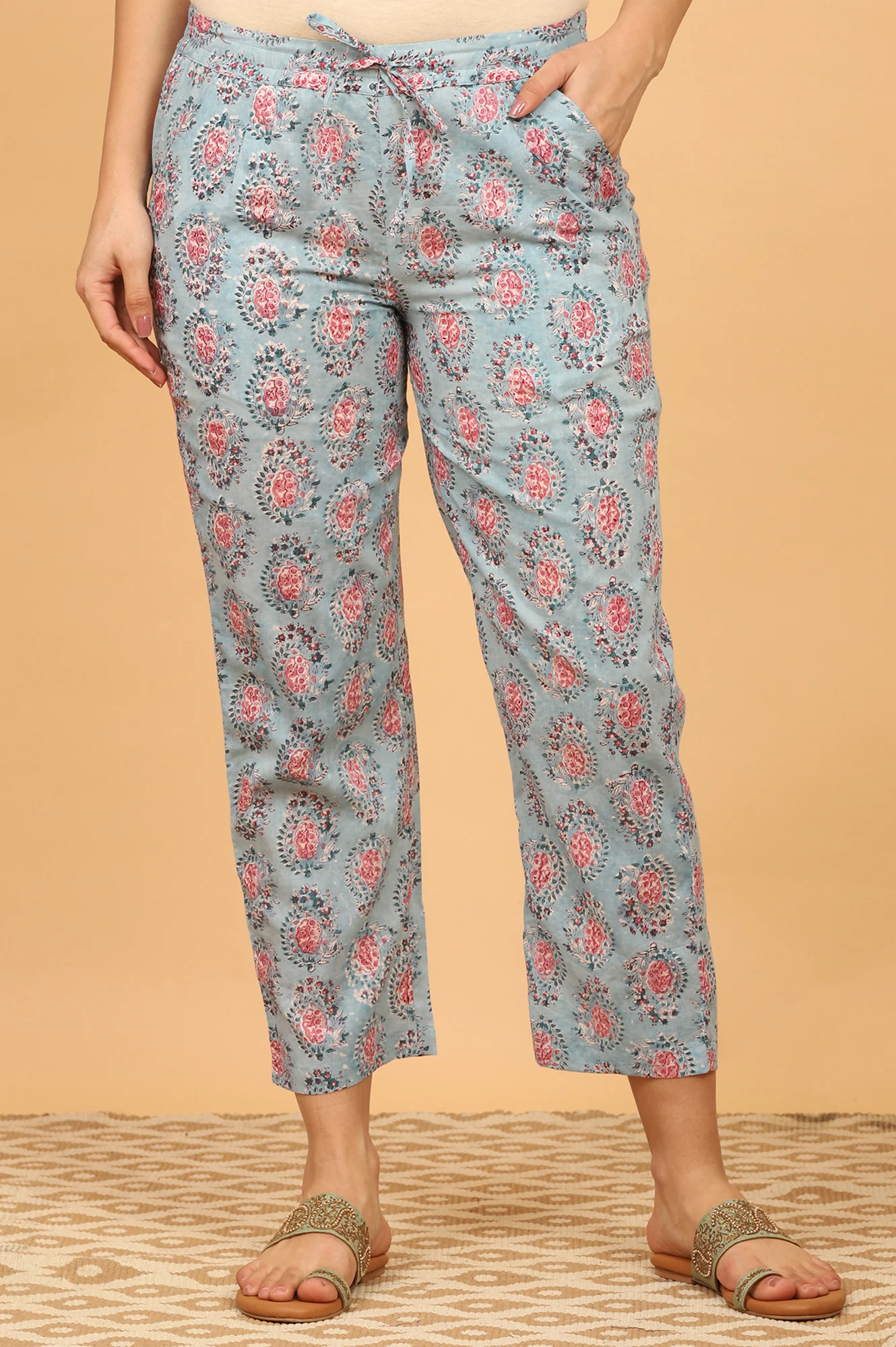 Blue Handblock Printed Straight Pants - Image 2